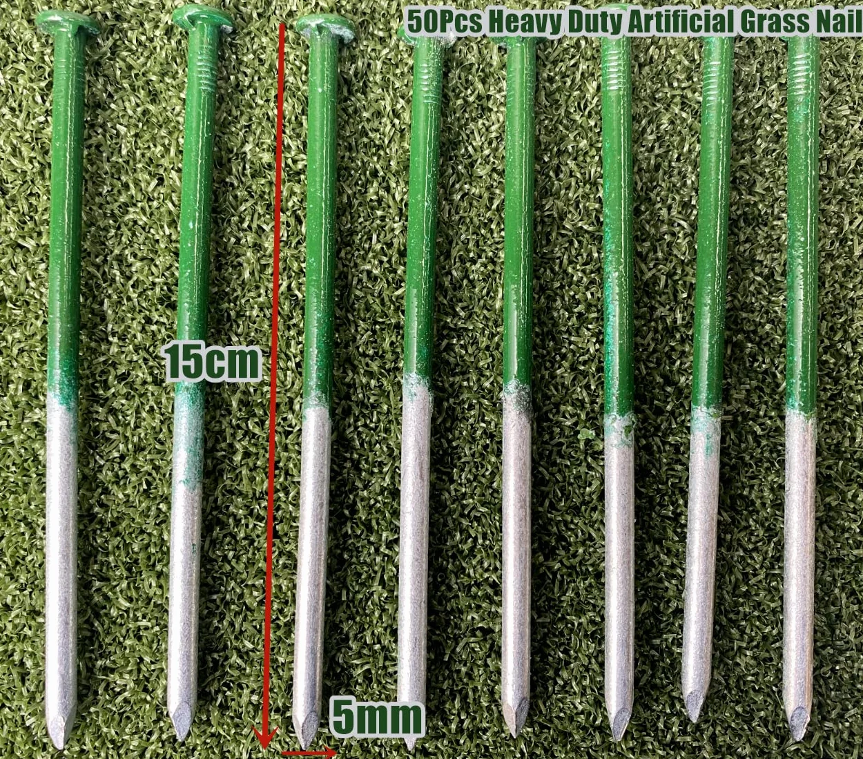 KAHEIGN 50 Pièces Clous Artificiels Résistants D'herbe, 5mm x 150mm Clous Galvanisés à Tête Ronde Clous en Acier pour Fixation de Faux Gazon Astroturf pour Hardcore Stoney Ground (Moitié Vert)