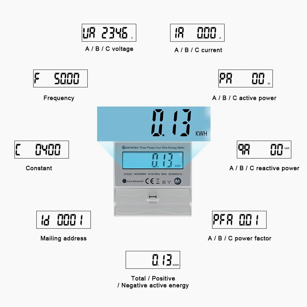 KETOTEK Compteur d'énergie triphasé AC, ampères, volts compteur | wattmètre bidirectionnel, kWh, compteur d'énergie rotatif, 3 x 230 V/400 V, 10 (100) A, DTS331