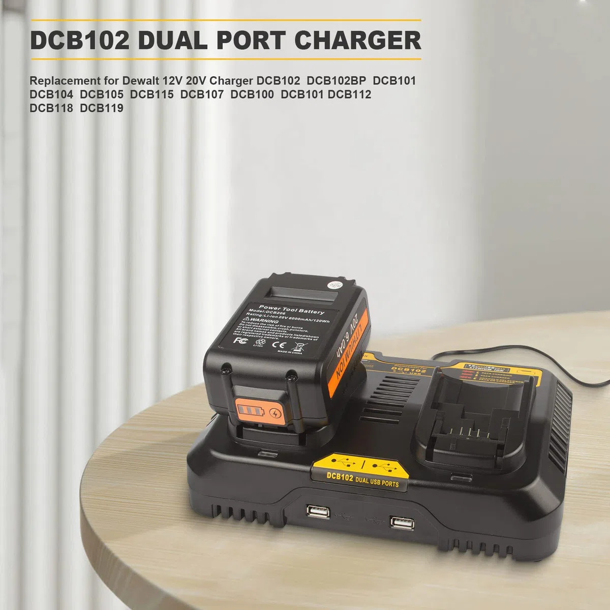 ASUNCELL Chargeur de Batterie 2 Ports Compatible avec Dewalt DCB115 - 18V Dual 3,0 A 12V-20V Max Li-ION Rapide - Pour DCB avec 2 Ports USB 2,1A