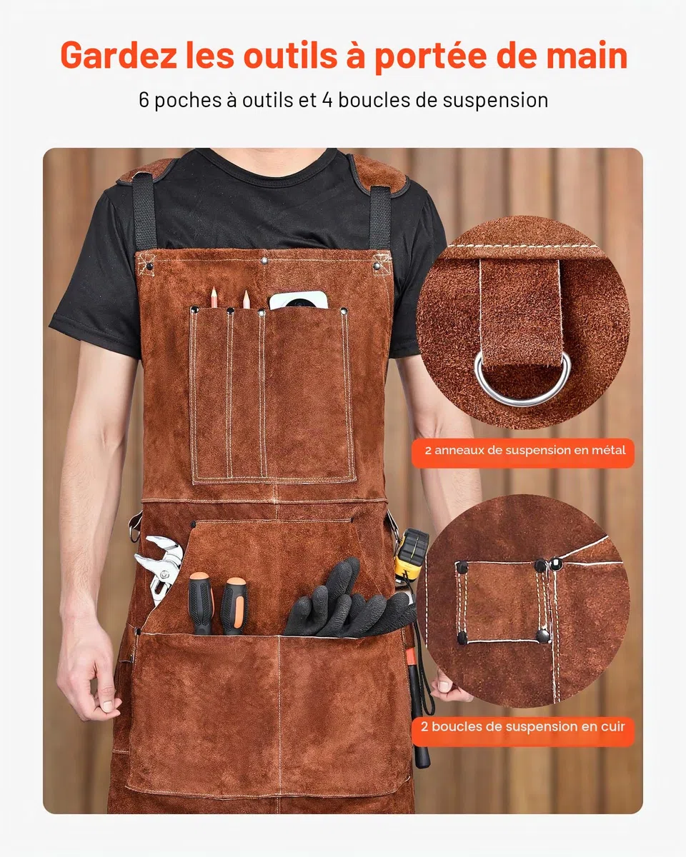 VEVOR Tablier de Soudage en Cuir de Vachette, Tablier de Soudeur Résistant aux Flammes, à la Chaleur, avec 6 Poches, Protection Étincelles pour Hommes, Femmes, de Travail du Bois, Jardinage, Barbecue