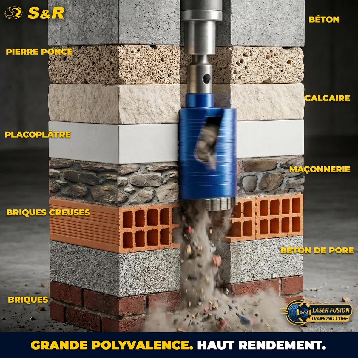 S&R Scie Cloche Trépan Béton 68mm. Foret Couronne Diamant Carotteuse 68. Scie Cloche Brique Marbre Maçonnerie. Adaptateur SDS Plus M16 et Foret Guide 8x110 mm