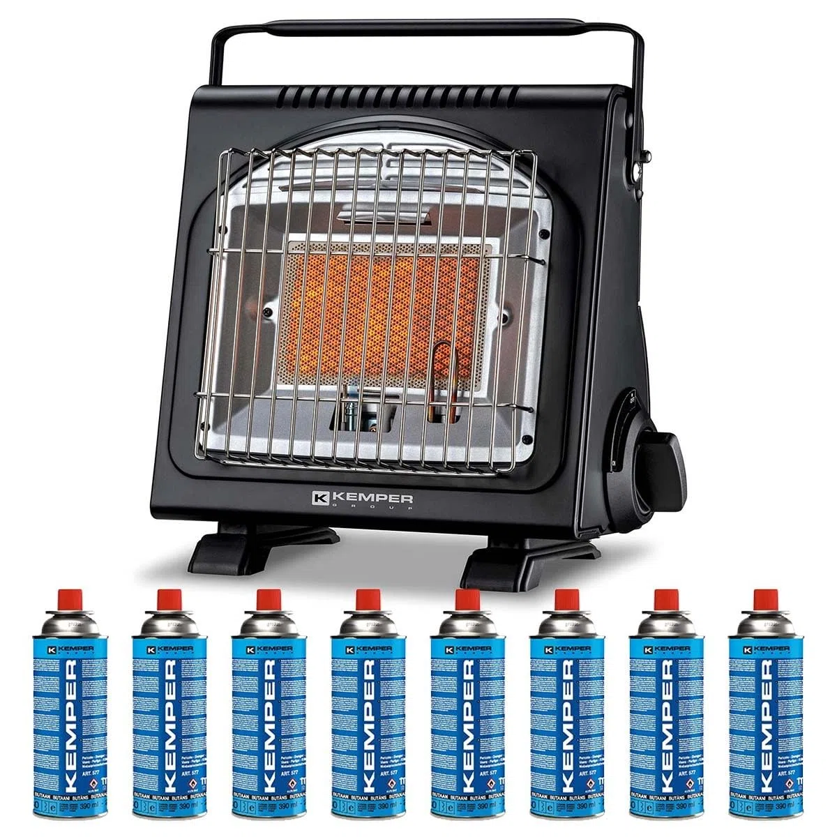 Kemper - Chauffage à gaz Portable 1700W Systèmes Sécurité intégrés + 8 Cartouches de gaz Butane Autonomie 2h30