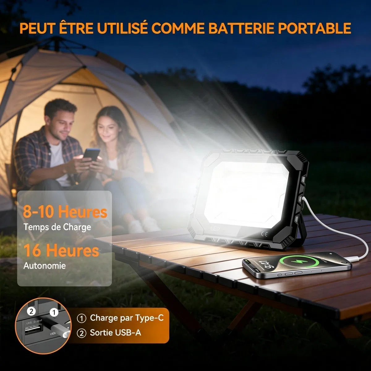 Adewalk Projecteur Chantier LED 150 W, 16000 lm Lampe de Travail Solaire & Batterie Rechargeable 16000 mAh, 5 Modes d'éclairage, Lampe de Camping Portable pour Travail, Pêche, Garage, Atelier