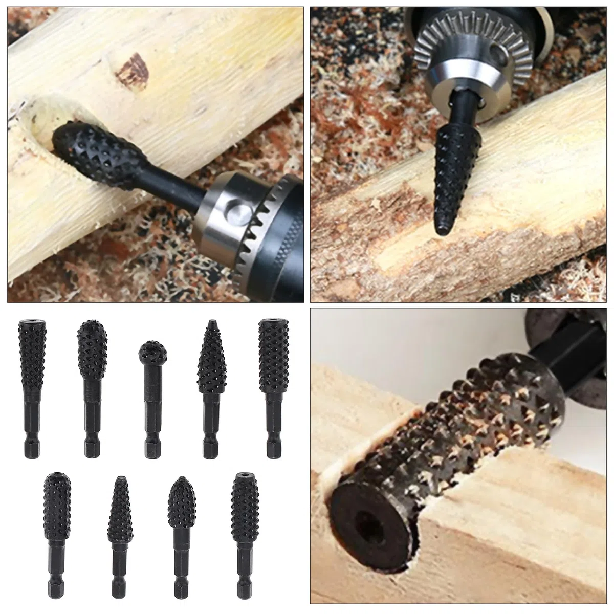 Lot de 10 râpes rotatives pour sculpture sur bois et ébavurage en caoutchouc, façonnage et rainurage, avec tige hexagonale de 6,35 mm