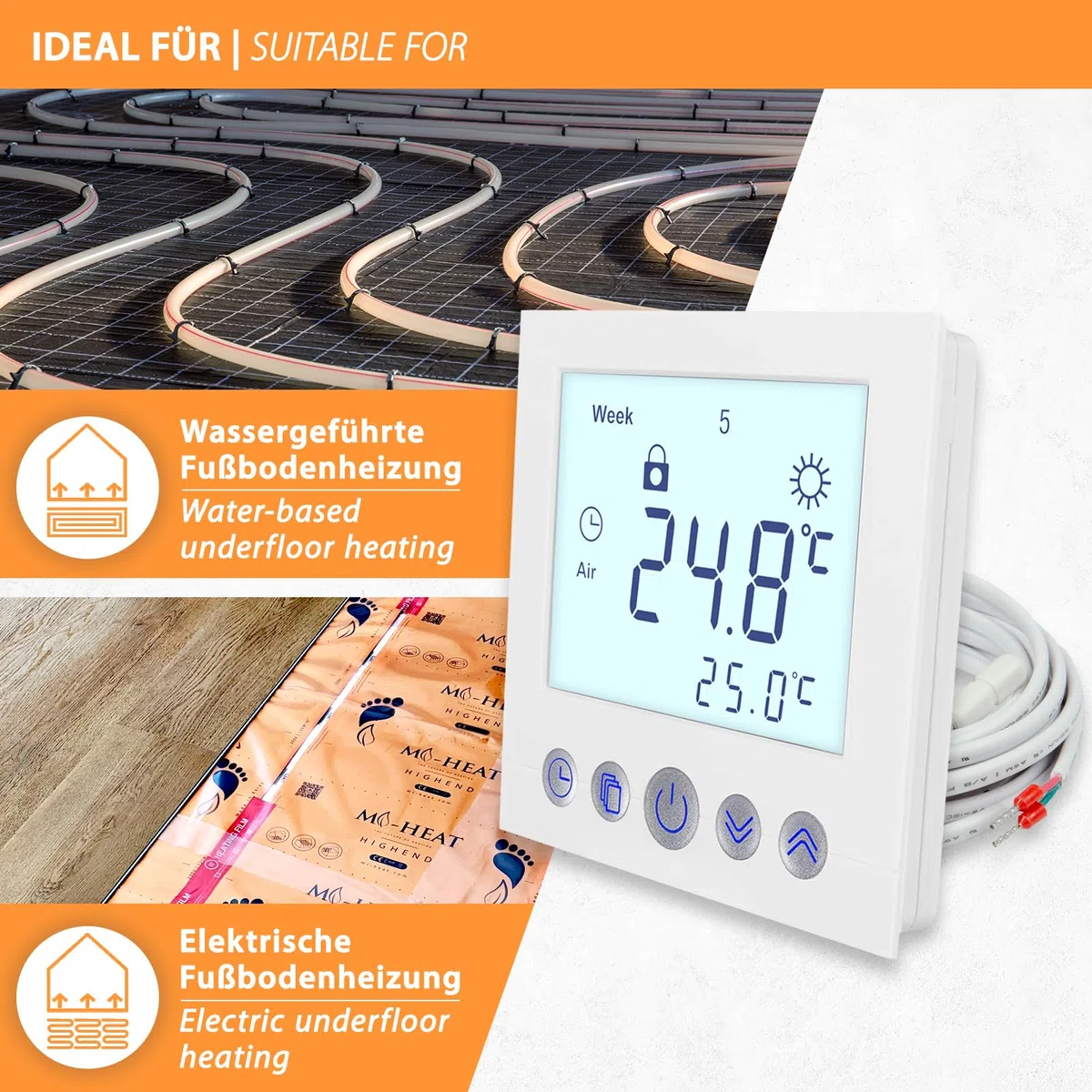 Thermostat numérique encastré blanc avec écran de 8 cm de diagonale - Programmation hebdomadaire - Sécurité enfant - Pour chauffage au sol électrique ou à eau