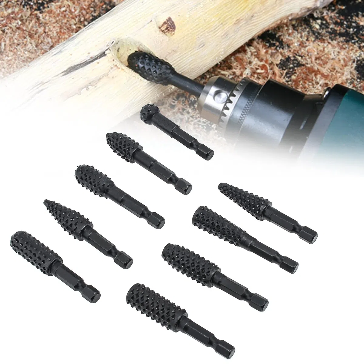 Lot de 10 râpes rotatives pour sculpture sur bois et ébavurage en caoutchouc, façonnage et rainurage, avec tige hexagonale de 6,35 mm