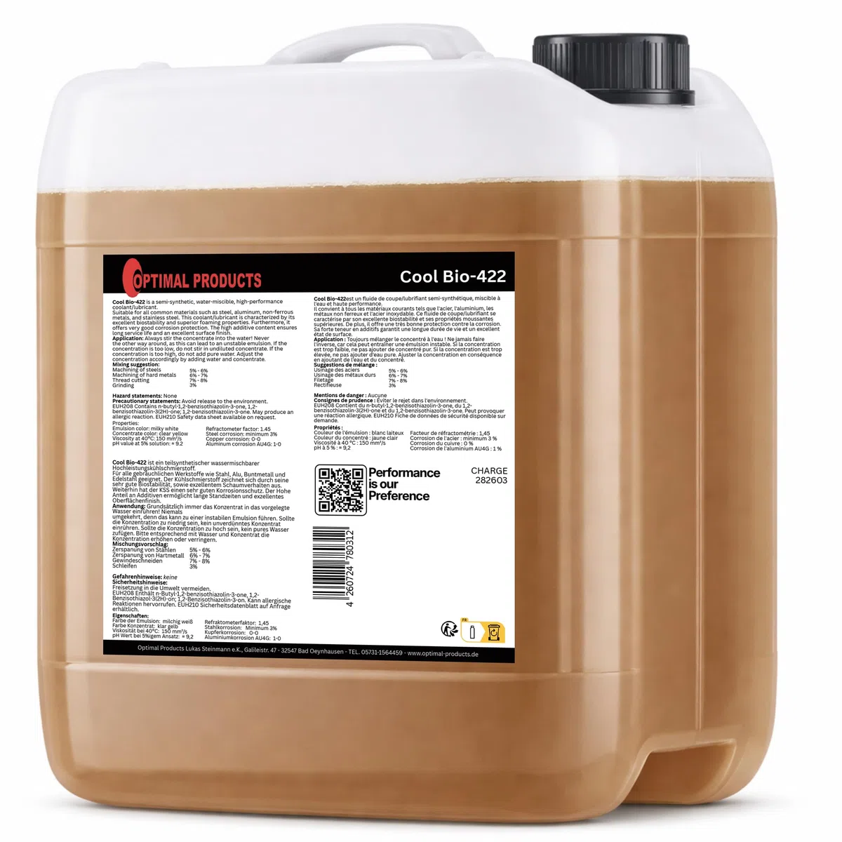 Optimal Products Cool-Bio-422 Lubrifiant de Refroidissement Haute Performance miscible à l'eau avec Une Bonne Protection Contre la Corrosion I Huile de Coupe métal 5L