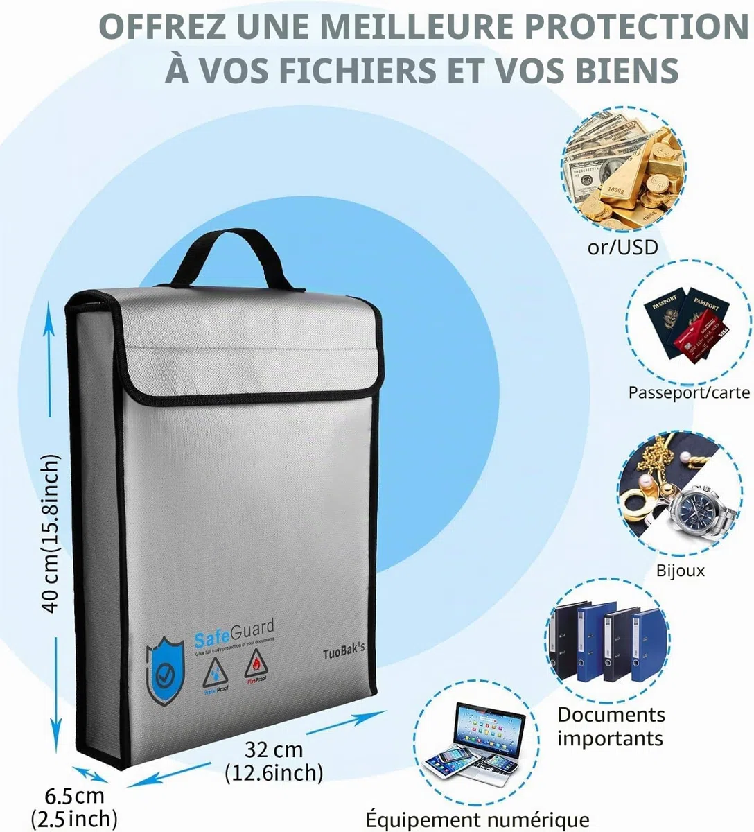 TuoBak's Sac Ignifuge pour Documents, Porte-Documents étanche et Ignifuge | Sac étanche à feu pour Documents de Poches intégrées pour Cartes de crédit en Fibre de Verre de qualité supérieure