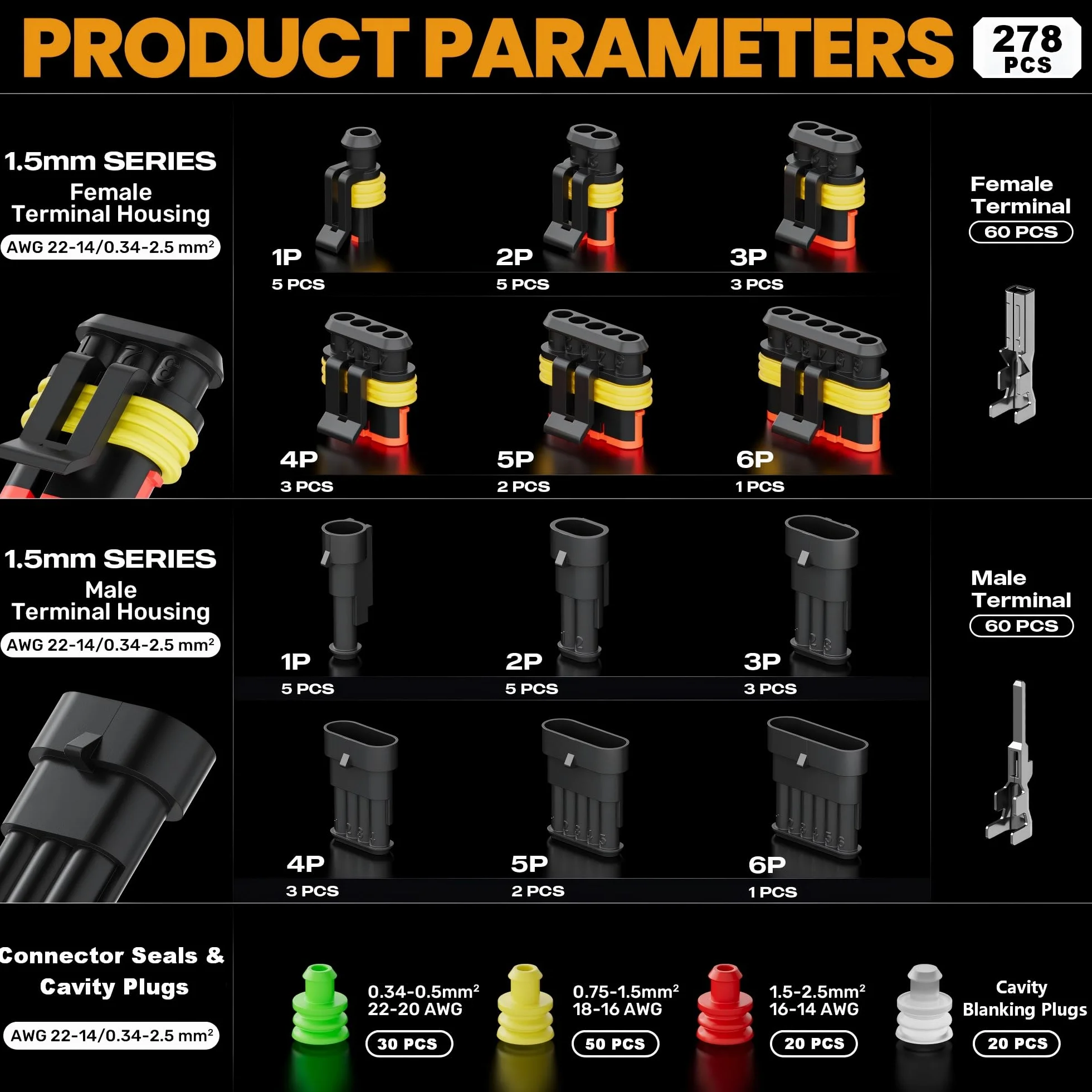 SOMELINE Kit de connecteurs automobiles étanches, Pince à sertir 0,34–2,5 mm², avec connecteurs 1/2/3/4/5 broches, outil de démontage | Pince à sertir compatible avec les connecteurs AMP série 1.5