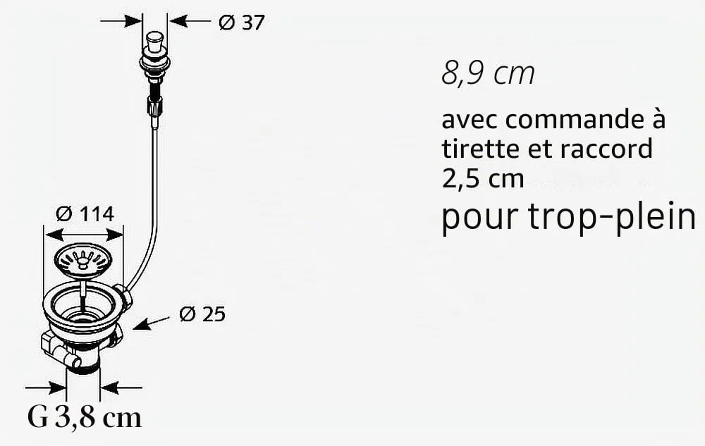 Vanne universelle à tamis avec commande à tirette - vidage vers le bas avec 2 raccords de trop-plein (1") - ø 114 mm