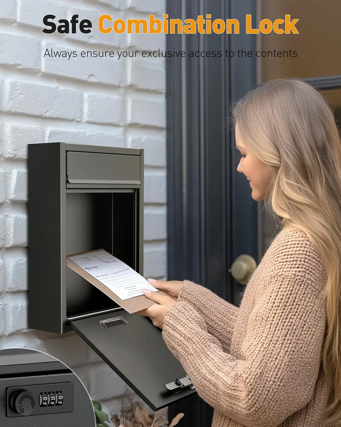 Uniclife Boîte aux lettres murale pour l'extérieur, grande boîte aux lettres verrouillable avec serrure à combinaison, boîte aux lettres de sécurité pour maison, bureau, école, noir