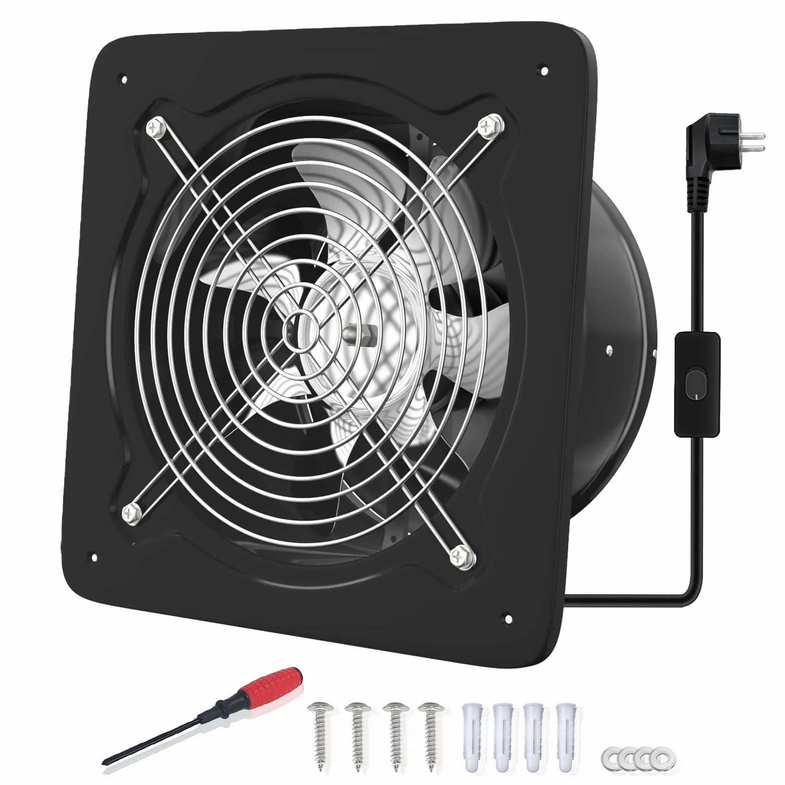 FanGoFast Ventilateur Extracteur d'air 150mm Silencieux 525 m³/h avec Clapet Anti-Retour Puissant en Métal avec Prise Européenne pour Cuisine Salle de Bain Garage (Noir, 150mm)