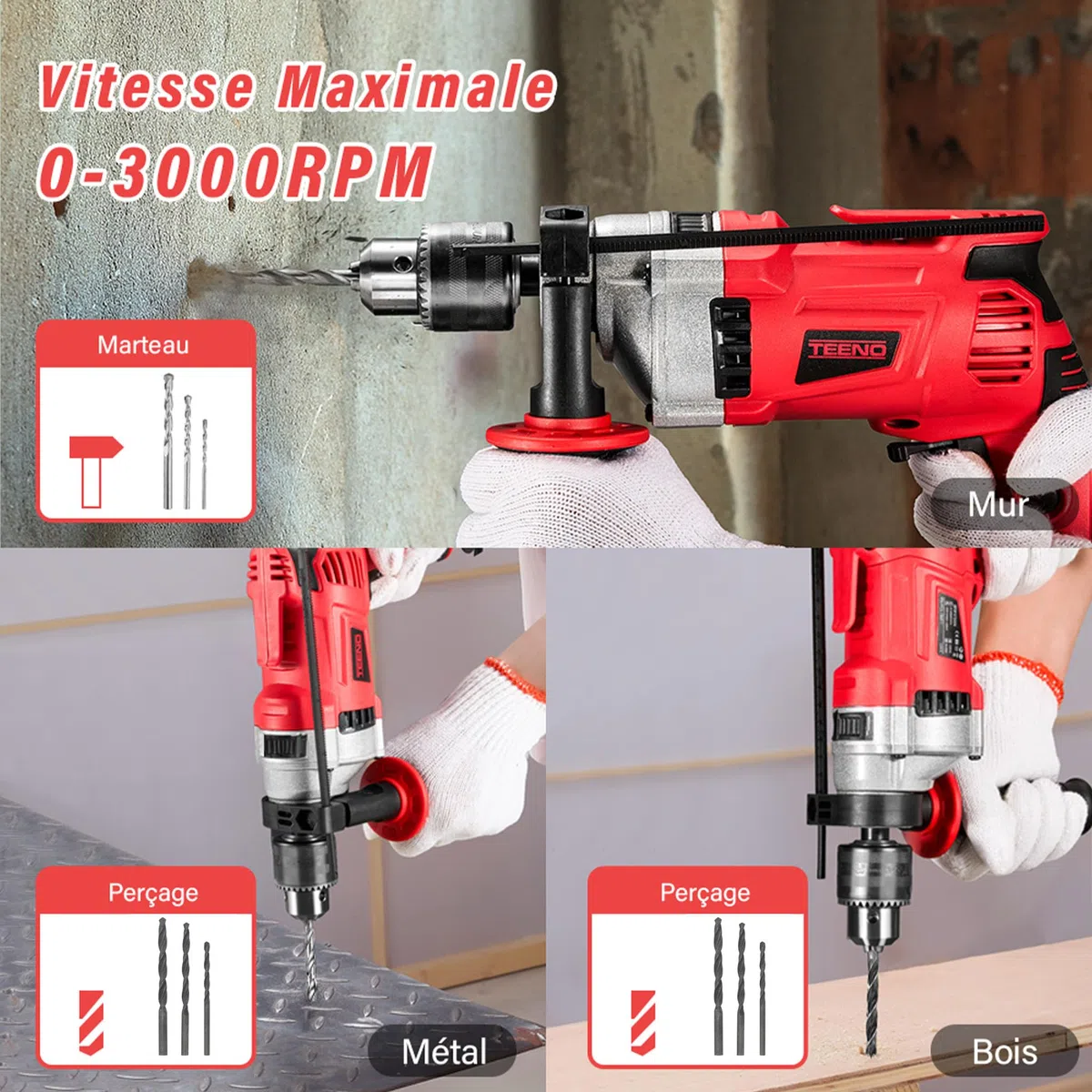 TEENO Perceuse Électrique à Percussion 910W, Perceuse à Percussion électrique 0-3000 RPM, Mandrin 13mm, Vitesse Variable, 37 Pièces Caisse à Outil Complete Tournevis et Pinces,Brique,Bois,Acier