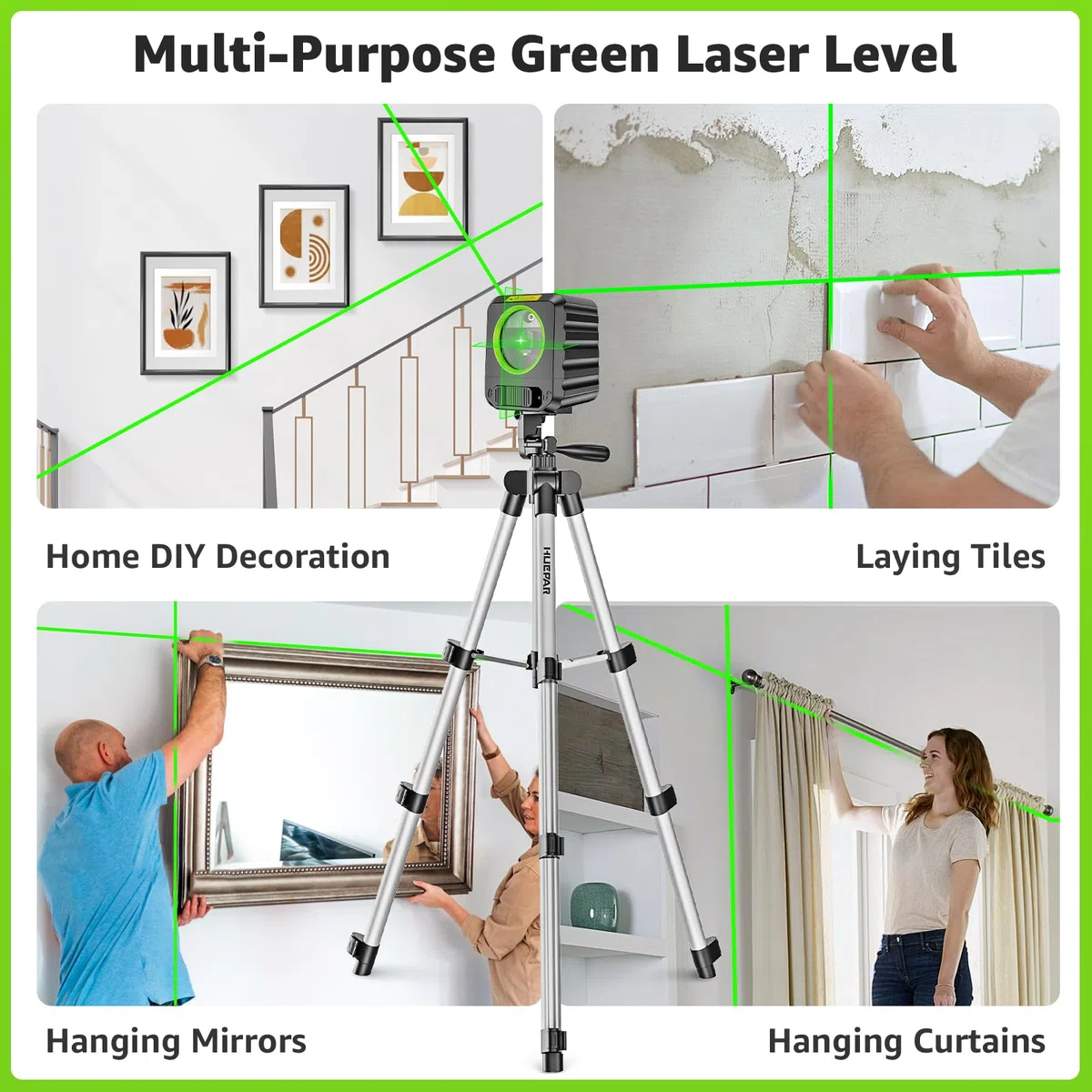 [Version supérieure]Niveau Laser, Ensemble de trépied de niveau laser, Huepar B011G-TP 30m Outil de niveau laser autonivelant DIY, niveau laser verte pour accrocher des tableaux,Cadeau pour Papa