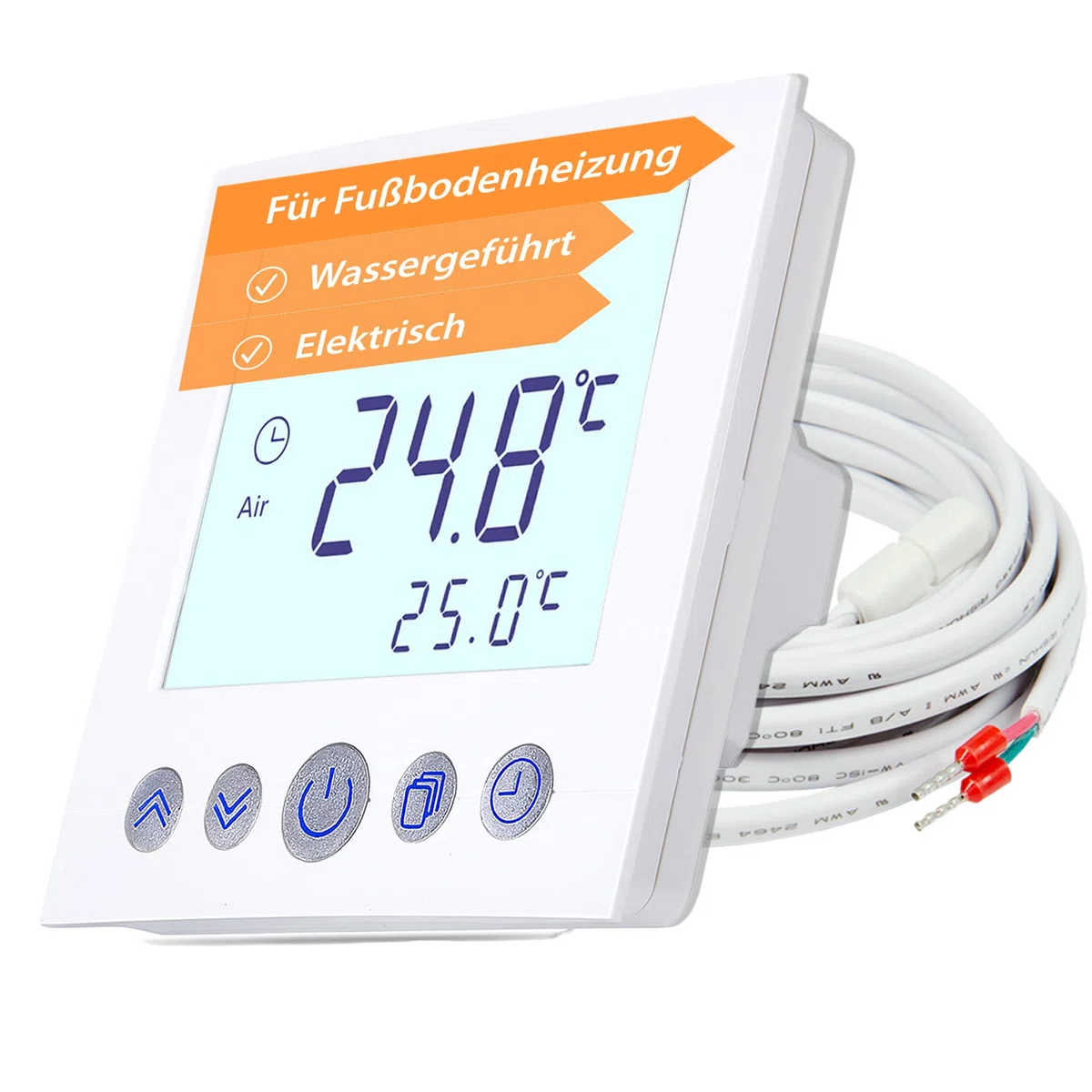 Thermostat numérique encastré blanc avec écran de 8 cm de diagonale - Programmation hebdomadaire - Sécurité enfant - Pour chauffage au sol électrique ou à eau