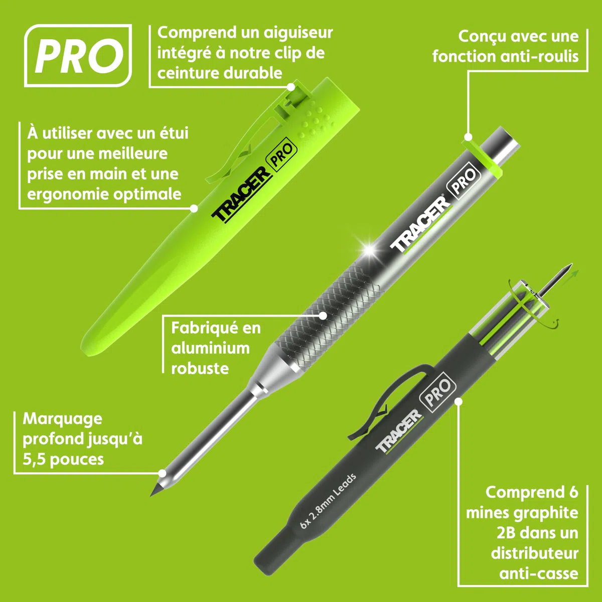 Tracer Pro Series Crayon de construction à trous profonds en aluminium avec 6 paquets de mines de rechange et étuis de chantier