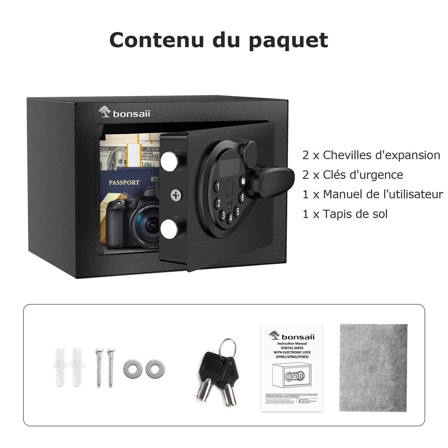 Bonsaii Coffre-fort Mini 6.6L avec Affichage LED, Clavier Numérique et Clé – Coffre de Sécurité Compact en Acier avec USB de Secours pour Bureau, Maison et Hôtel