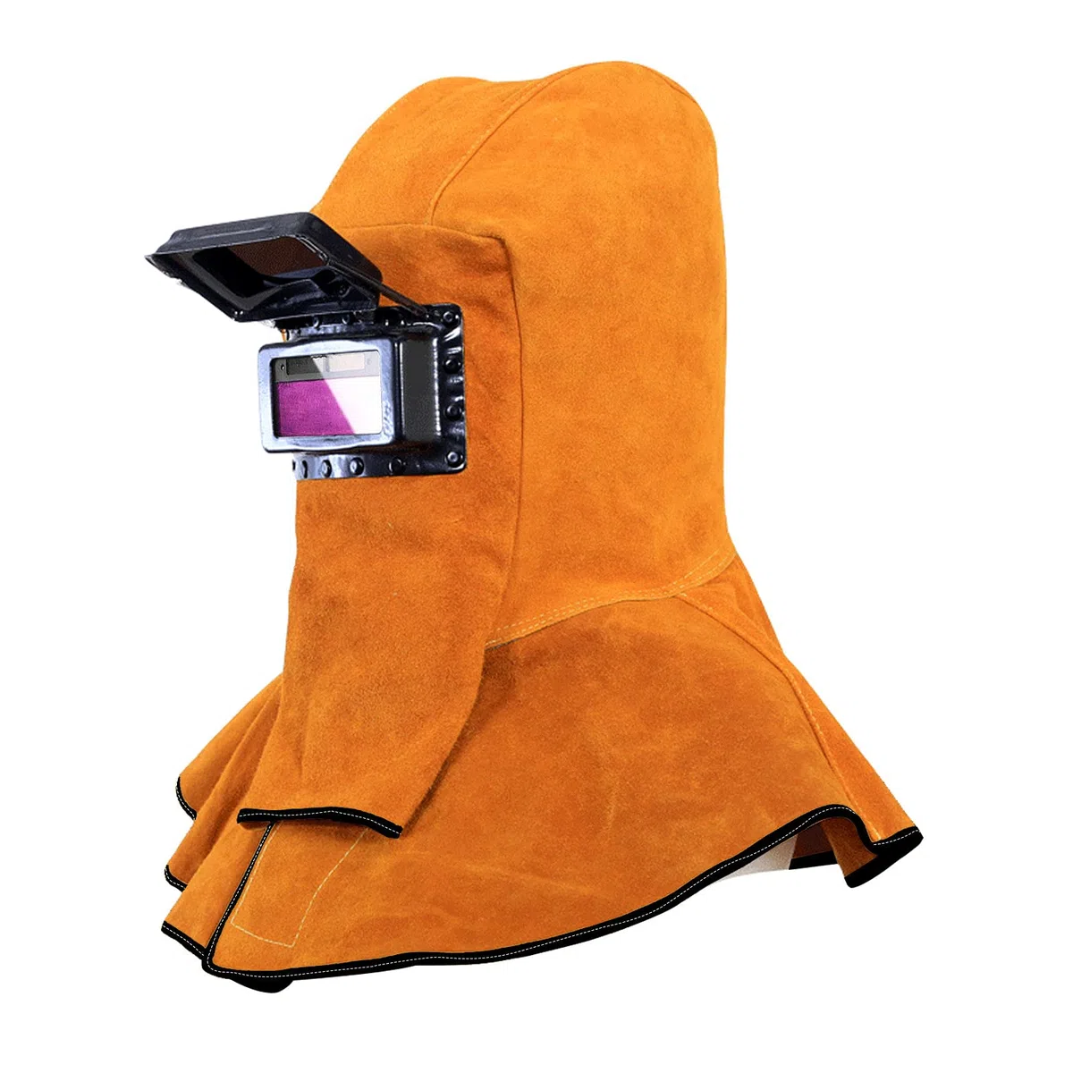 CDIYTOOL Capuche en cuir de vachette, casque de soudure avec filtre à obscurcissement automatique solaire, masque de soudure en cuir de vachette avec protection pour le cou et les épaules