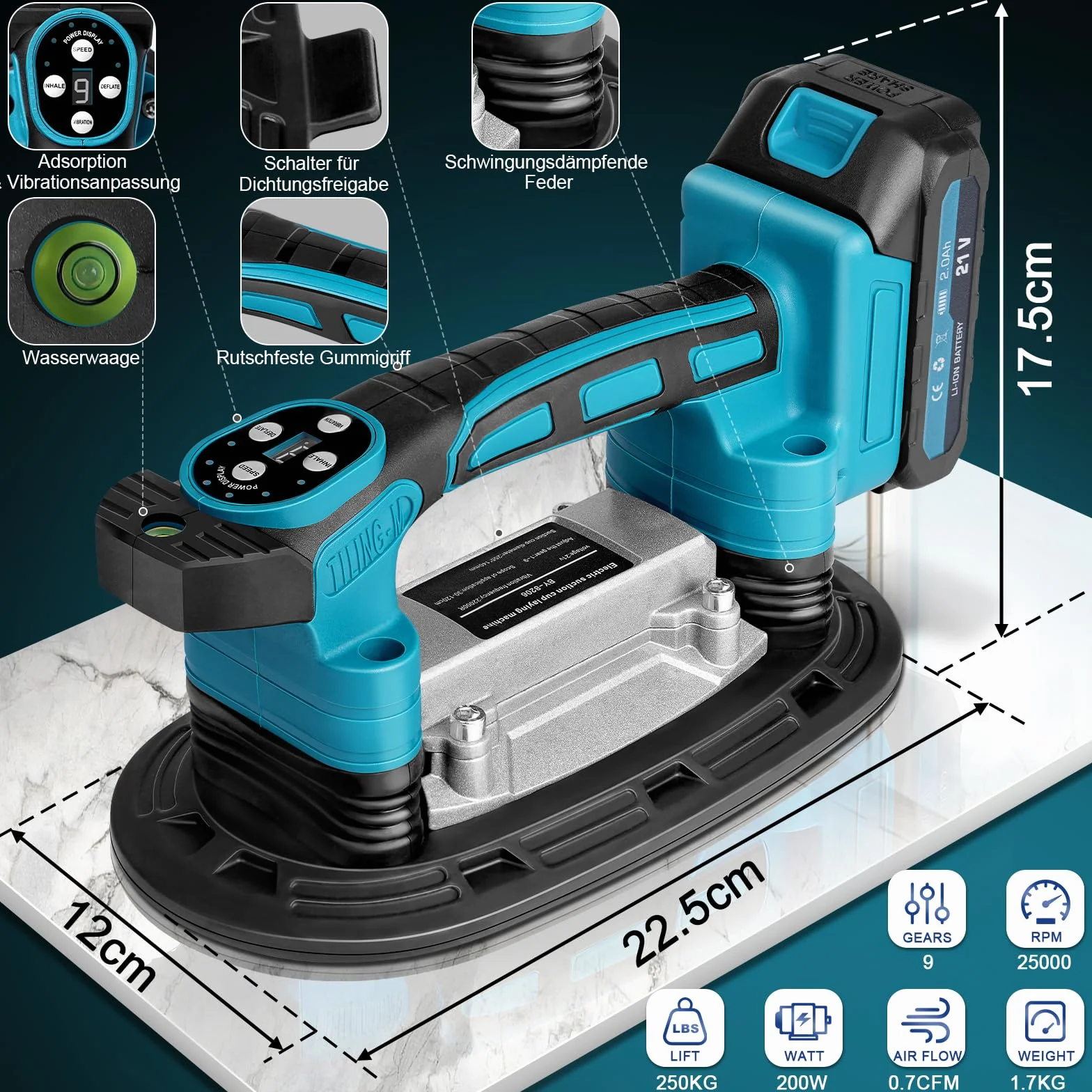 Secoueur de carrelage 2 en 1 sans fil et ventouses avec 2 batteries de 2000 mAh, vibromasseur de carrelage avec ventouse de 22,5 x 12 cm, adsorption 250 kg, 9 vitesses réglables 25 000 tr/min