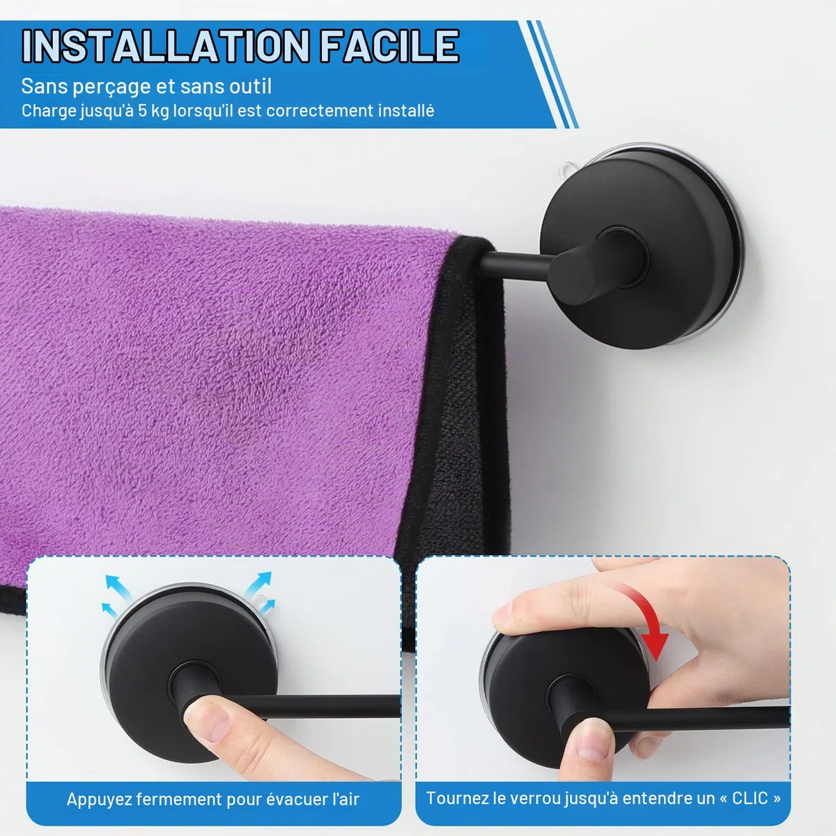 LALAGO 55cm Porte-Serviettes à Ventouse 304 Acier INOX Crochets à Ventouse sans Percer, Barre Porte-Serviettes de Salle de Bain étanche à Vide Capacité de Charge 5KG/PC Noir pour Paroi de Douche