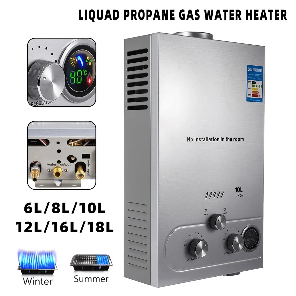 Chauffe-Eau à Gaz 6/8L GPL LPG avec Modes Hiver et Été, Avec pommeau de douche à effet pluie et tuyau de douche,Chauffe-Eau Instantané INOX Certifié CE,Pour camping en plein air et douche en VR (6L)