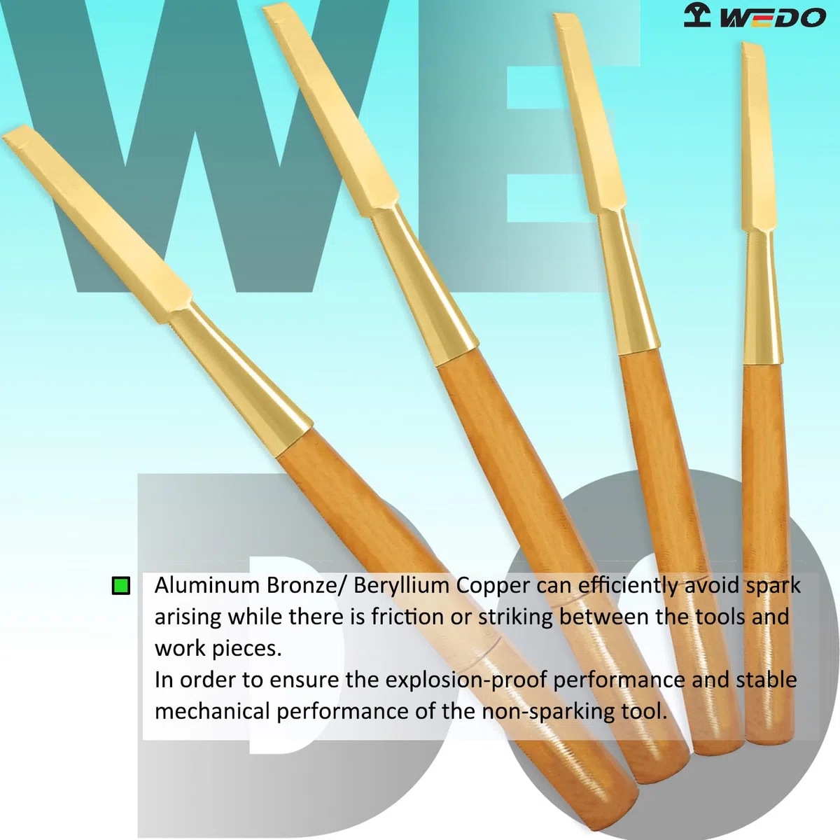 WEDO Ciseau à froid non étincelant de 27,9 cm, burin utilitaire en bois plat, lame de 1,6 cm de large, outil de sécurité sans étincelles, qualité industrielle, longueur 280 mm, aluminium bronze, norme