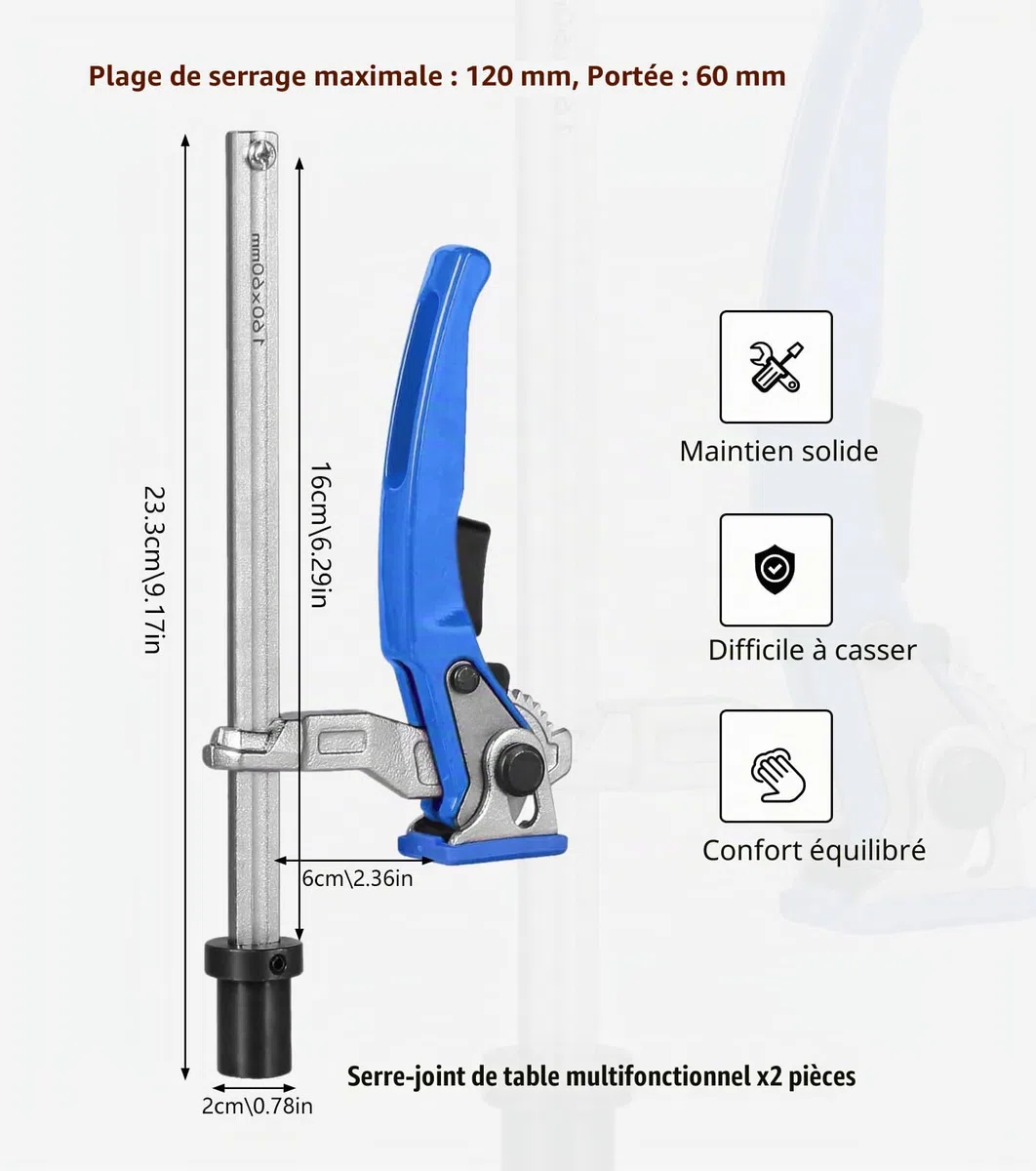 2pcs serre joint menuisier à levier en acier,20mm serre joint rapide Plage de serrage 160 mm Profondeur de Gorge 60 Compatible etabli menuisier tables multifonctions de soudage,CNC