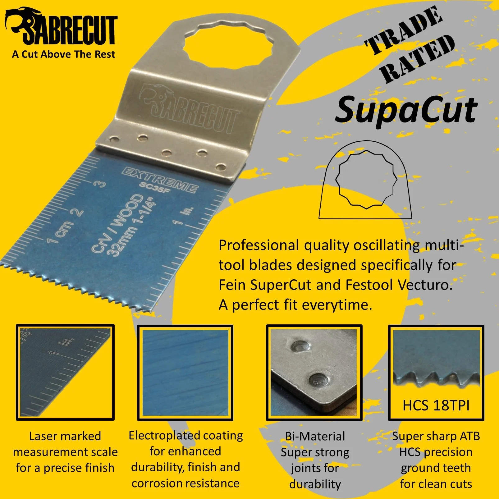 SabreCut 10pcs SC35F_10 35mm Fin Dent Bois Lames multitool Durable | Compatible avec Fein SuperCut & Festool Vecturo, lames dents fines coupent bois cleanly
