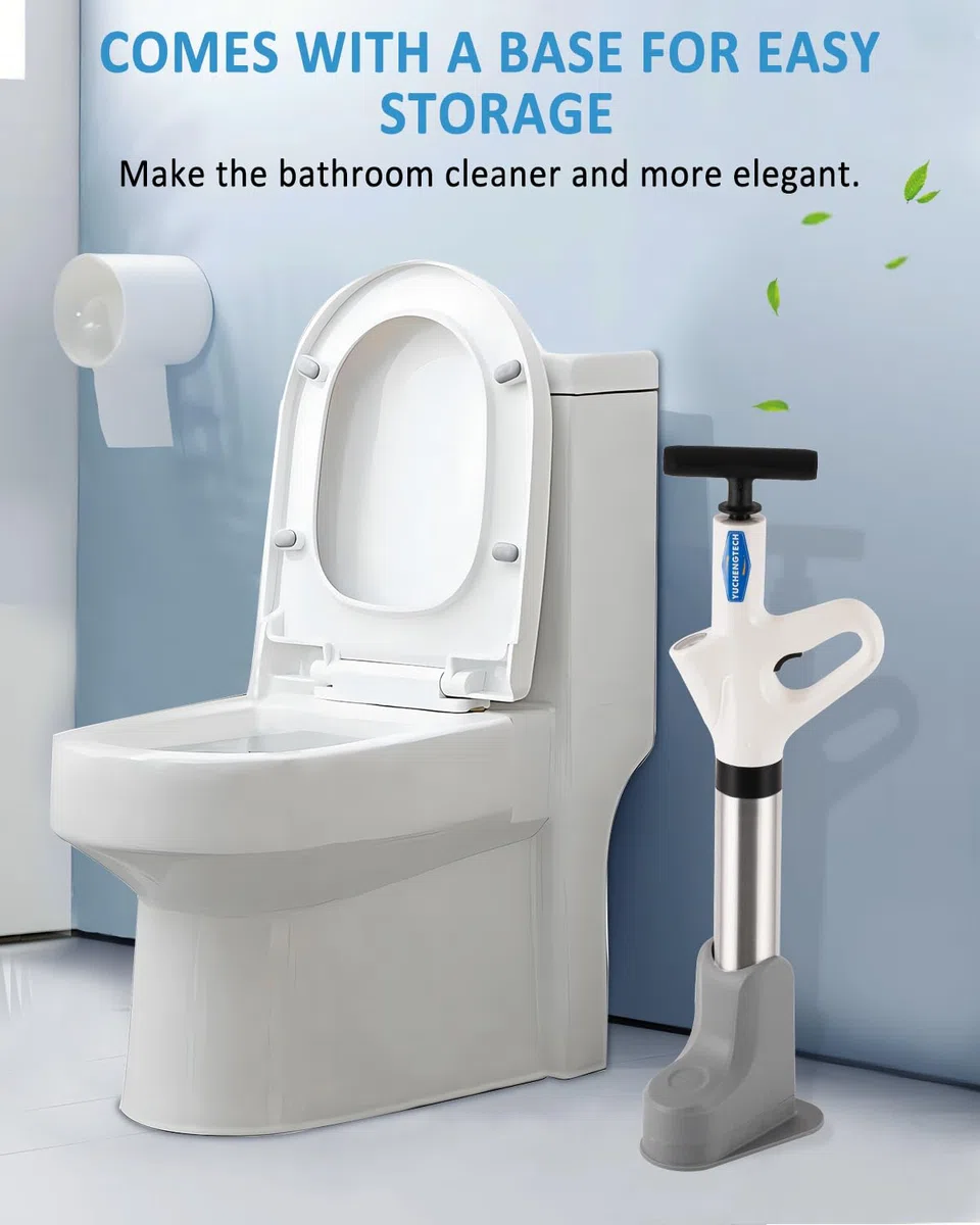 YUCHENGTECH Déboucheur WC Puissant Deboucheur Toilette Haute Pression Pompe Deboucheur Canalisation avec un Support et 4 Têtes Remplaçables pour Déboucher les Toilettes/Lavabo/Baignoire/Drain de Sol