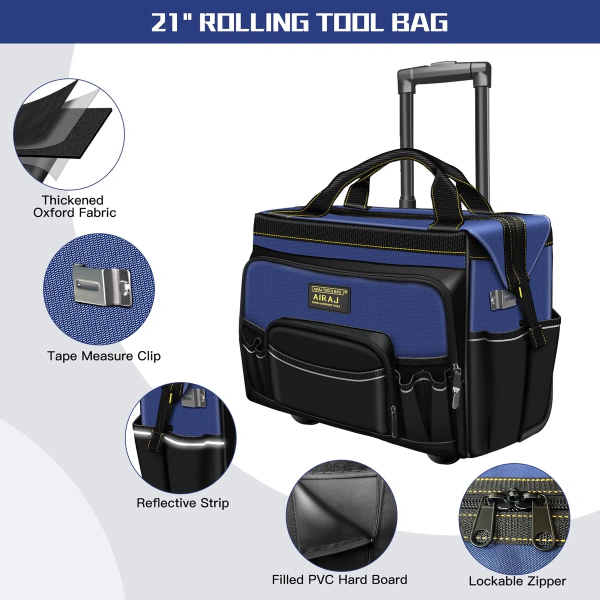 Sac a Outils à Roulettes 21 Pouces+Sac à Dos à outil 18 pouces AIRAJ,Poignée Télescopique Réglable,Sac Outils Imperméable,Sac à Dos à Outils Robuste,1680D Tissu Oxford,Port de Recharge USB,55 Poches