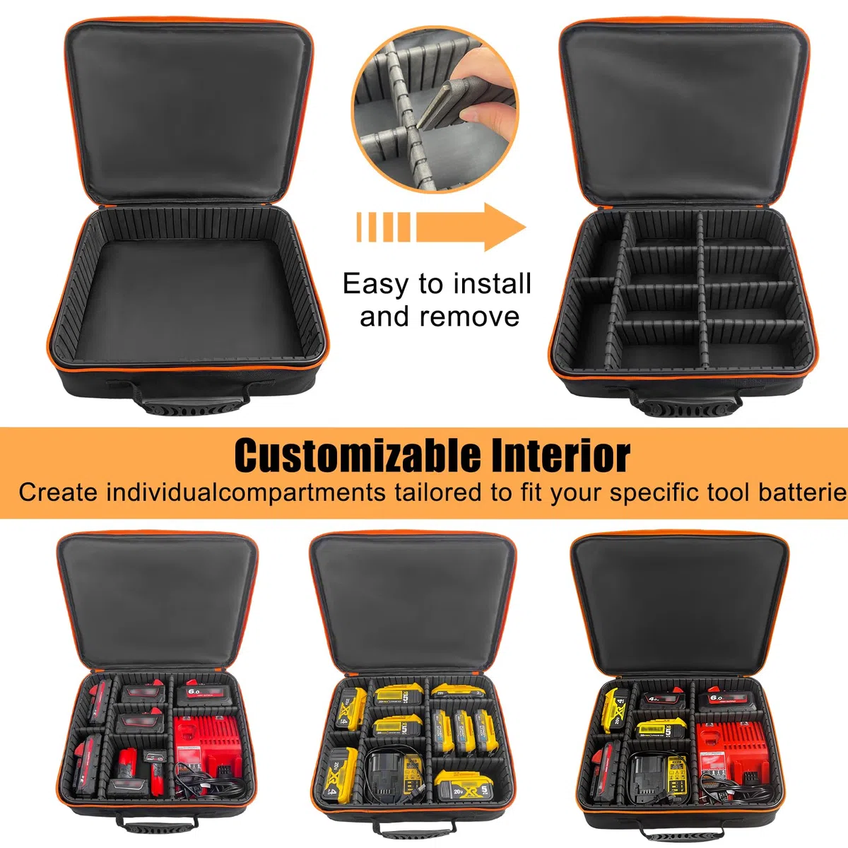 38.5 x 32 x 10 cm Caisses à Outils avec Cloisons Réglables - Grande Mallette Rigide Portable pour Batteries/Chargeurs, Boîtes Sacs Porte-outils pour, Rangement Étanche Antipoussière Antichoc