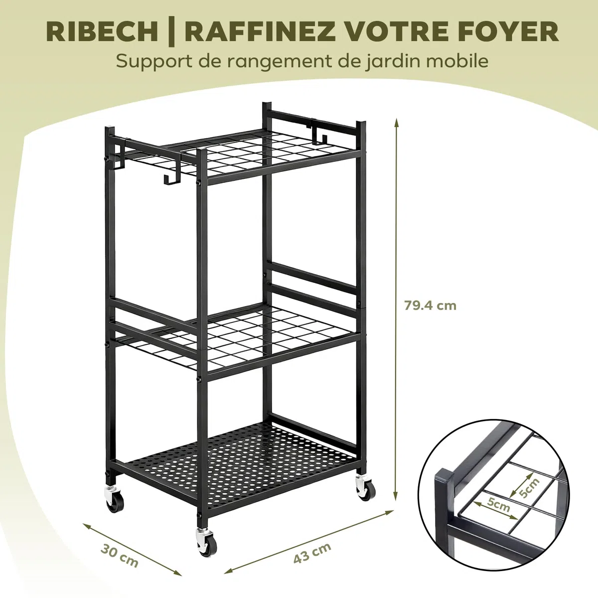 Chariot de Rangement 3 Niveaux avec Roulettes – Étagère Mobile pour Outils, Jardin, Cuisine & Garage, en Métal, Noir