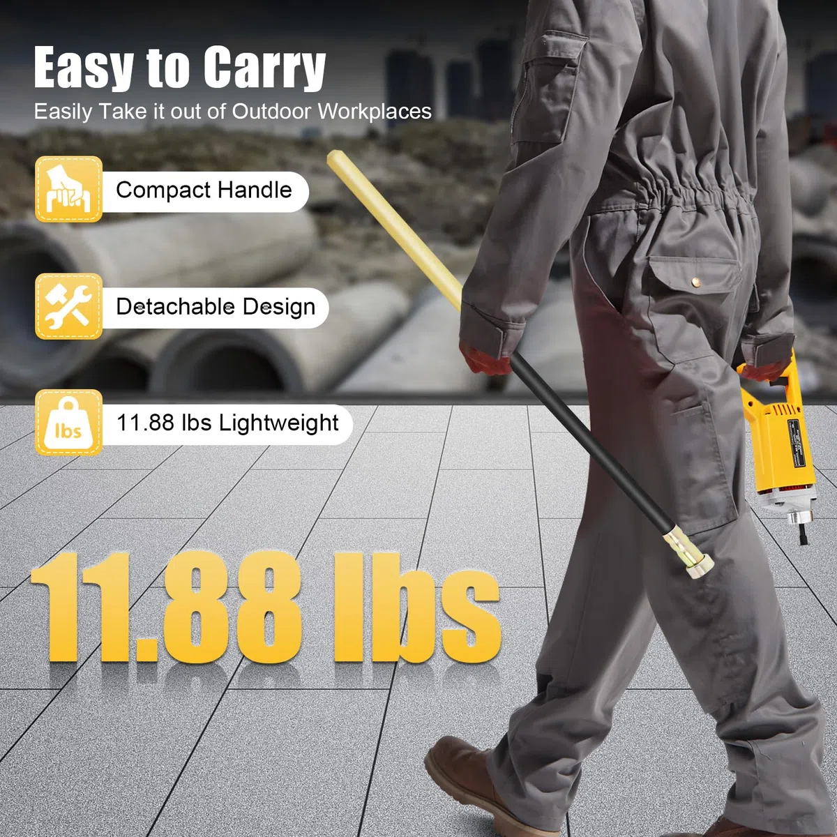 Vibrateur à Béton Électrique, 800W Vibrateur manuel, Outil Vibrant Portatif pour Béton avec Aiguille Vibrante 1m, 4500 tr/min, pour Construction de Routes et Tunnels