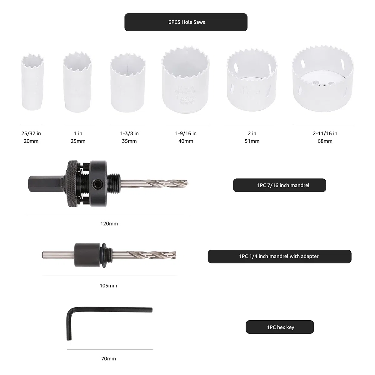 Amazon Basics Kit de 9 pièces pour scie cloche en acier rapide bimétallique avec étui de transport, 20 mm à 68 mm, Noir, 25/32" to 2-11/16”