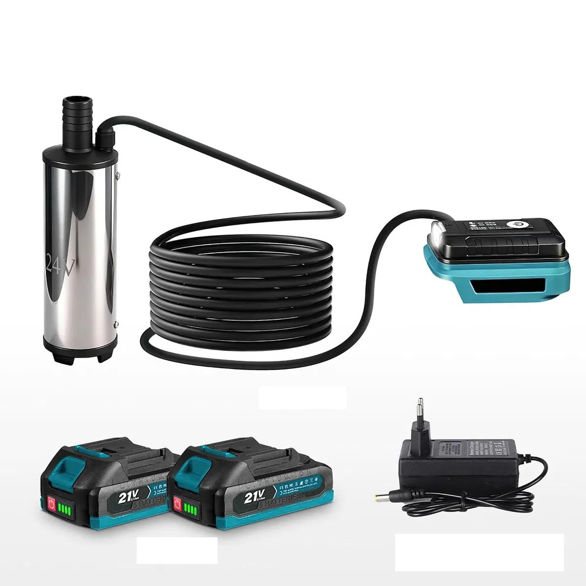 Pompe à immersion à batterie 18 V, pompe à diesel 60 W, pompe à huile portable pour diesel, essence, huile, eau, hauteur de refoulement de 3-5 m, câble de 5 m, 50-80 L/min (2 batteries)