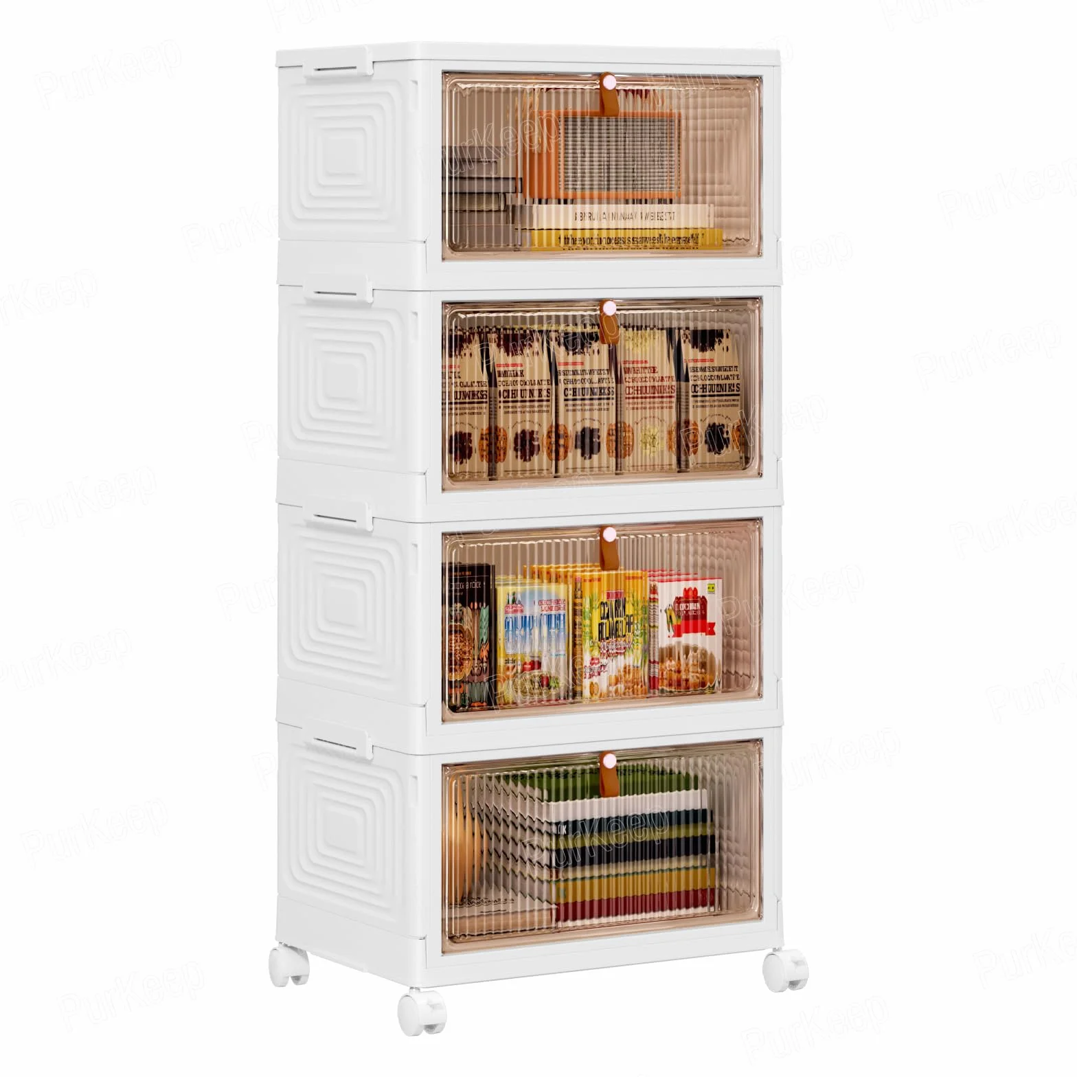 PurKeep Lot de 4 boîtes de rangement avec couvercle – Boîte de rangement en plastique à 4 niveaux avec couvercle, boîtes empilables avec roulettes, tiroirs de rangement avec porte d'entrée, boîte en