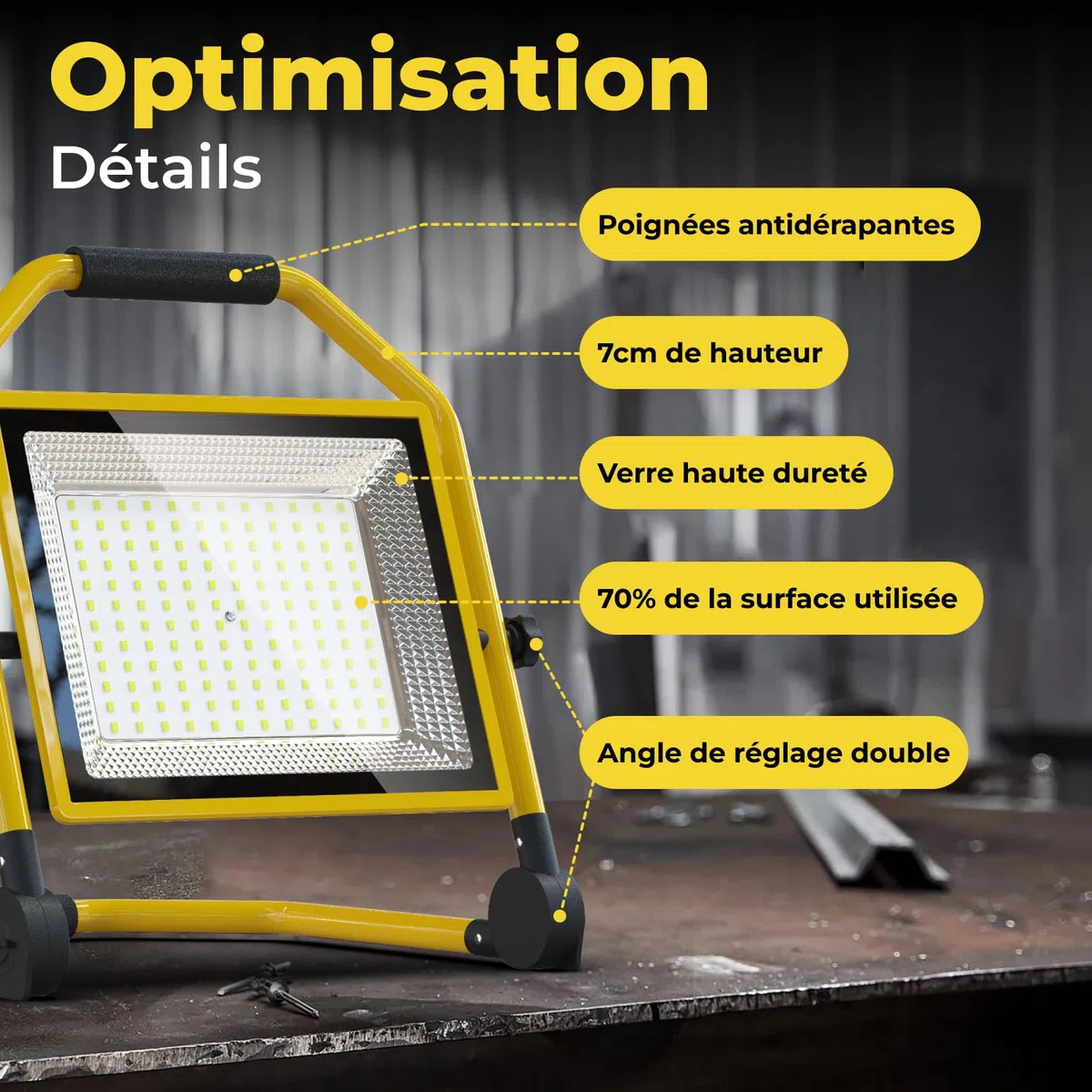 Projecteur de Chantier à LED 16500 Lumens, Câble 16FT, 6500k, étanche, Support Réglable Idéal pour les Ateliers Intérieurs et Extérieurs, les Garages et les Chantiers de Construction (150W)