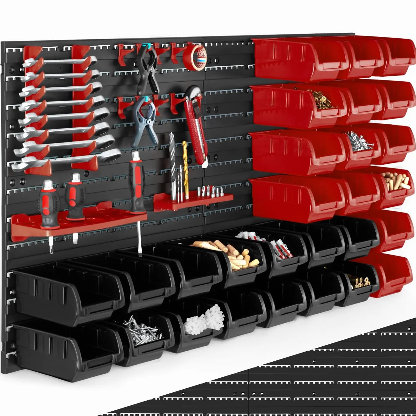 TecTake® Étagère Murale modulable 28 Boîtes de Rangement empilables & Crochets Meuble de Rangement Rangement Atelier Garage Rangement Mural de visserie & Clous Organisation du Garage