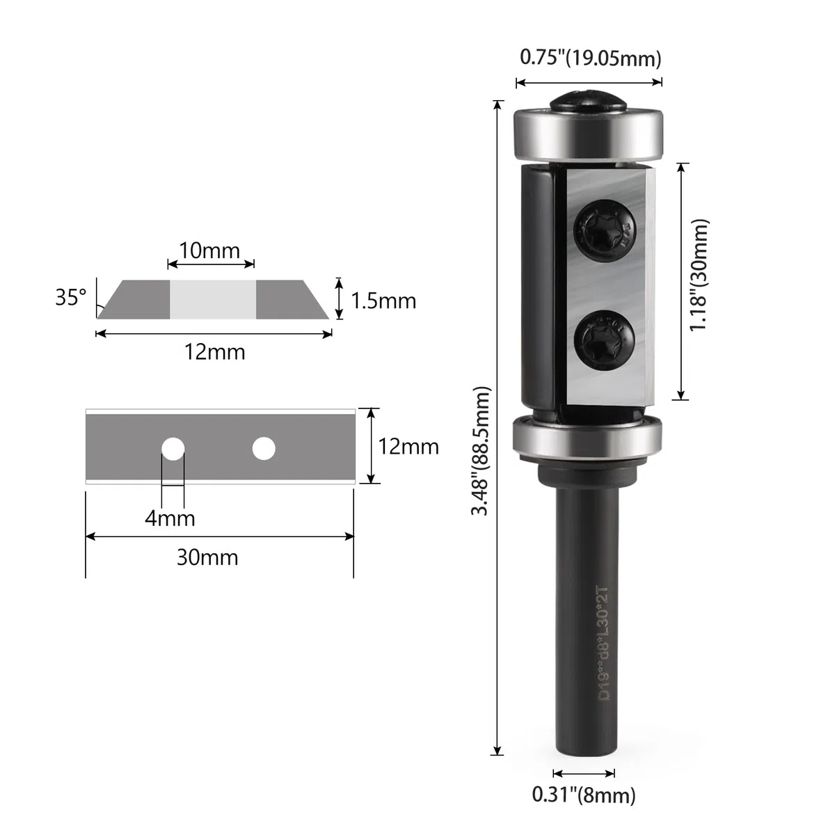 Fraise à affleurer à plaques réversibles avec tige de 8 mm, fraise à affleurer avec 2 surfaces de coupe en carbure interchangeable, diamètre = 19 mm, longueur totale = 30 mm en haut et en bas