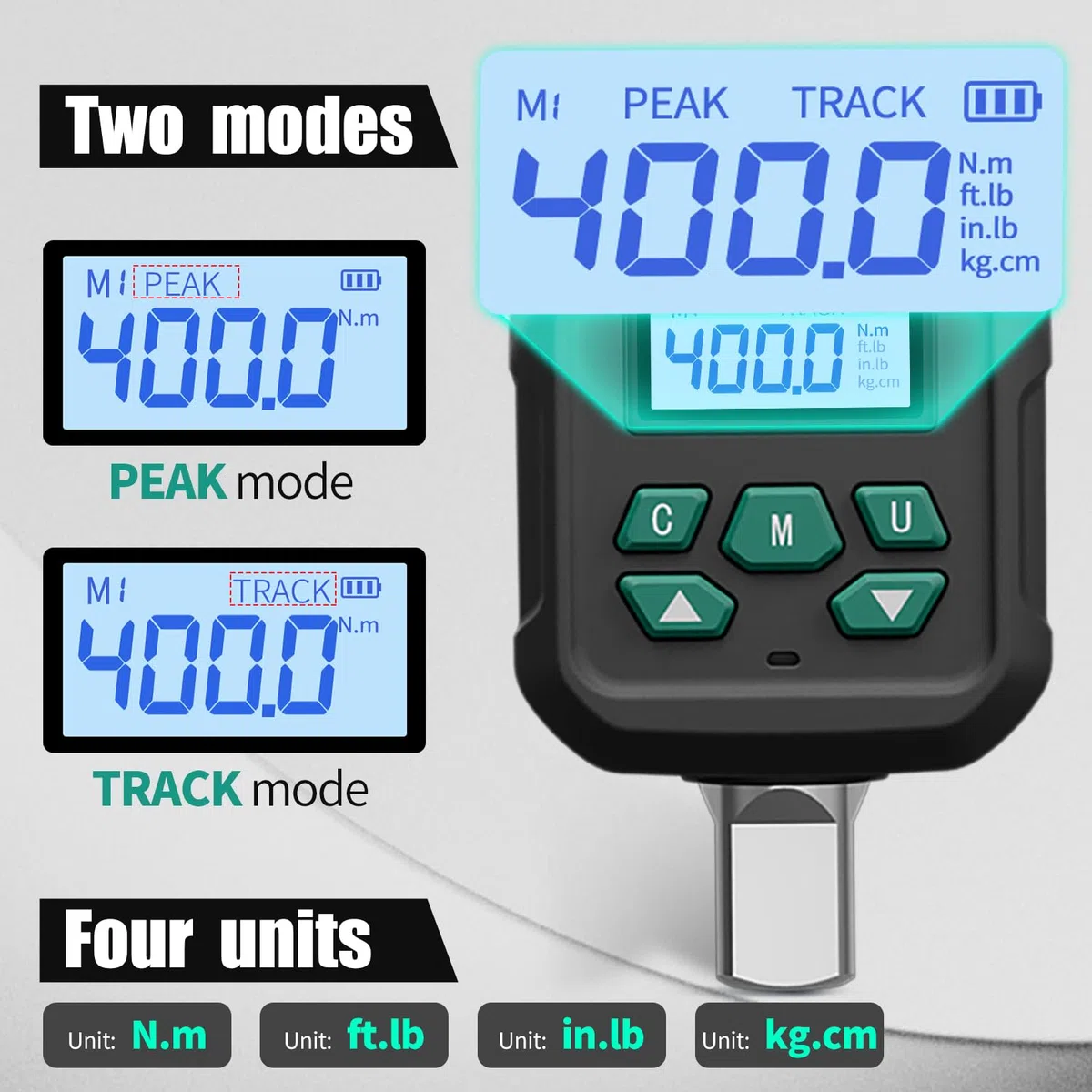 Adaptateur de couple numérique 1/2" ±2 % de précision 20-400 Nm avec signal sonore et affichage LED, kit d'adaptateur de douille 1/4" 3/8", pour la réparation automobile