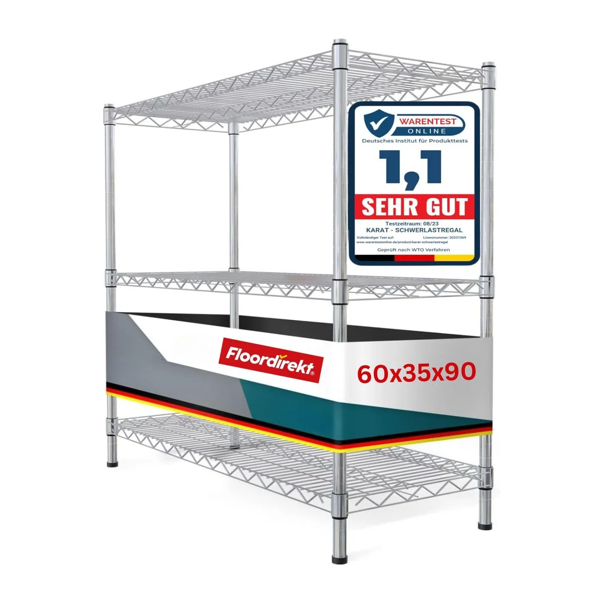 Floordirekt | Everest | Étagère de Rangement multifonctionnelle | Idéale pour la Cuisine, la Salle de Bains | Capacité de Charge : 70 kg par étagère | Chrome, 60 x 35 x 90 cm | 3 étagères