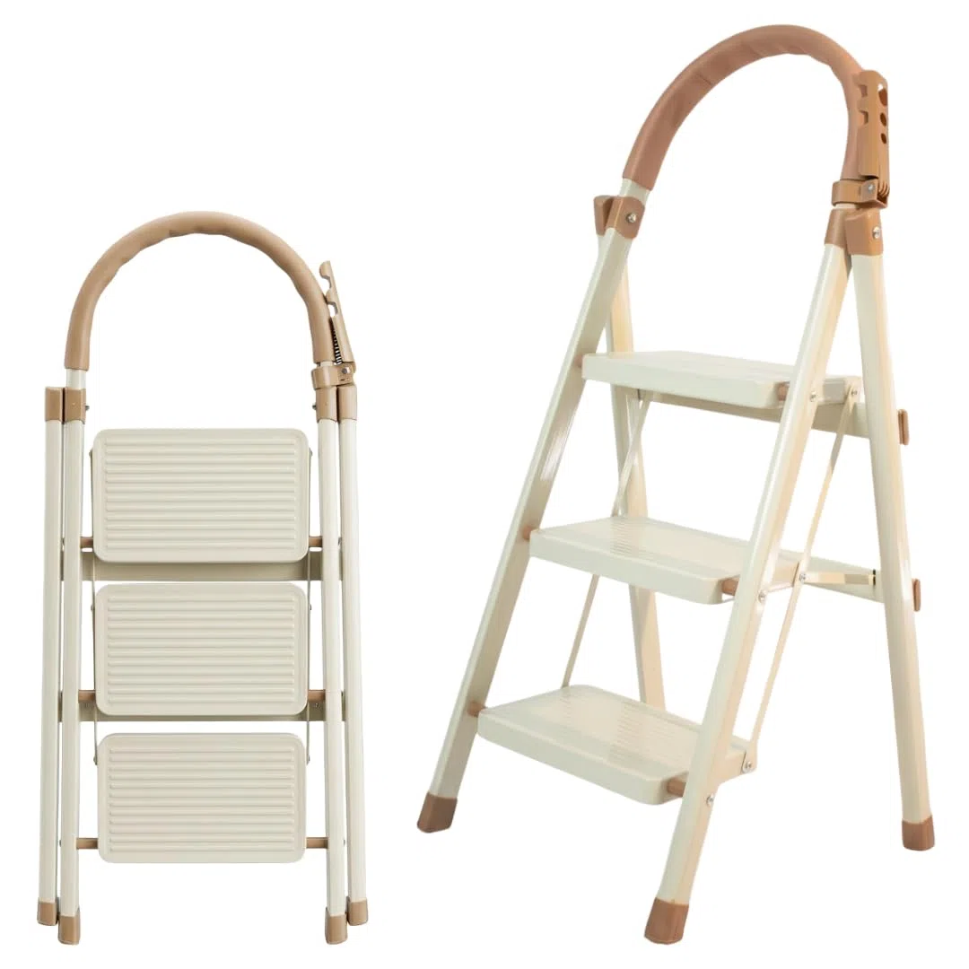 Escabeau 3 marches Pliable avec poignée, marchepied en Acier, marches Larges antidérapantes 18 cm, Charge 150 kg, Compact