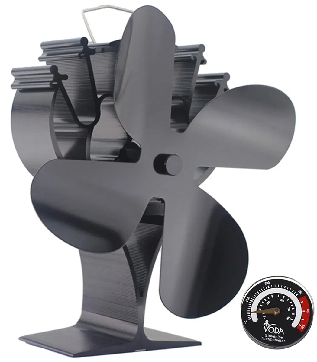 Ventilateur silencieux à 4 pales alimenté par la chaleur avec thermomètre magnétique pour poêle à bois/cheminée