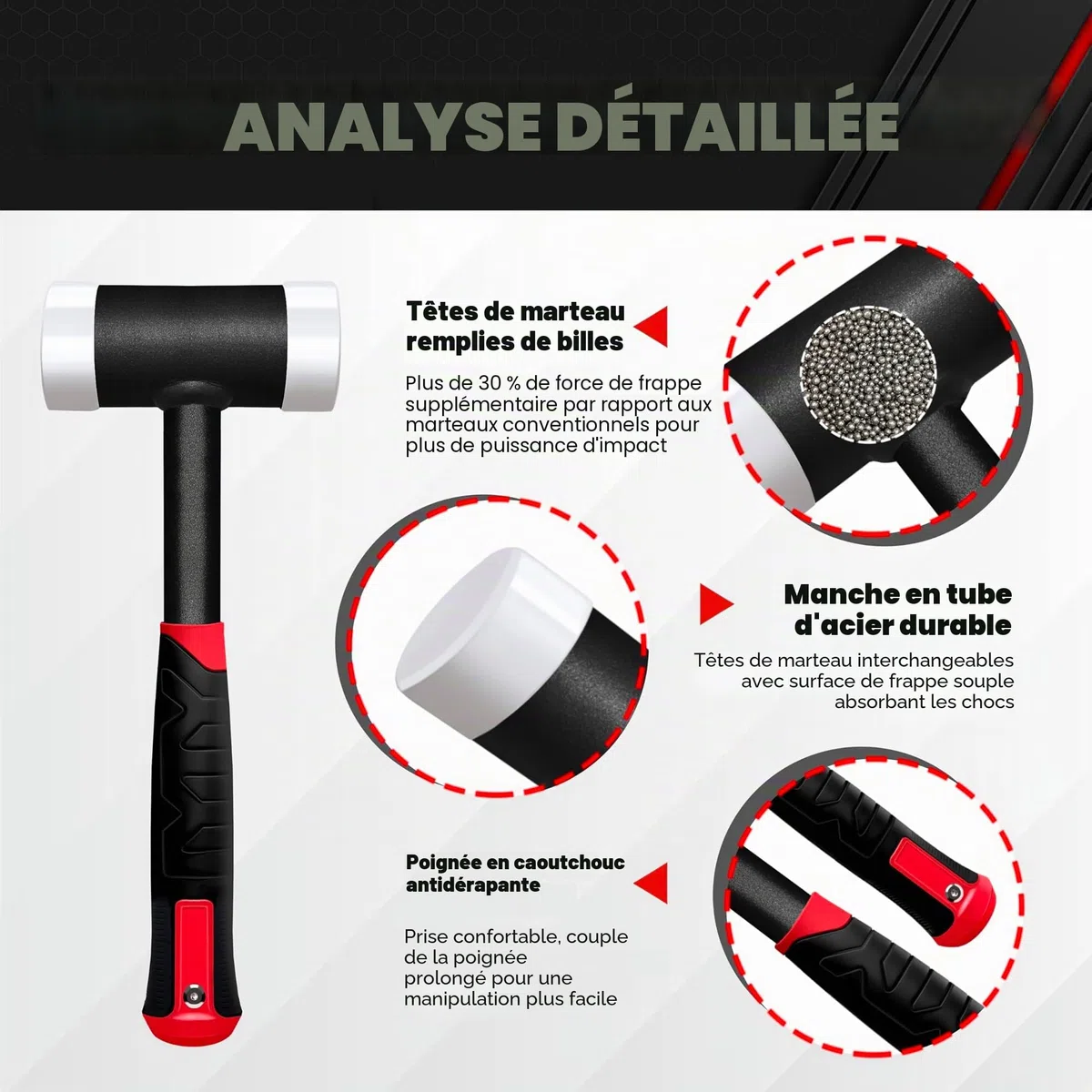 C&T Marteau anti-retour, marteau de protection, maillet souple, diamètre 50 mm, manche en tube d'acier, tête en nylon interchangeable pour l'entretien et le montage