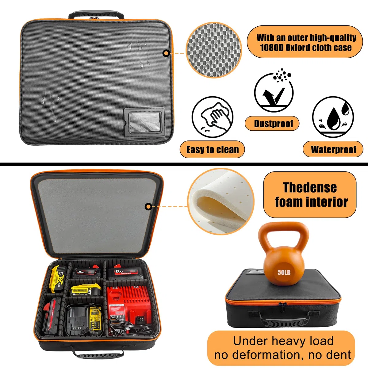 38.5 x 32 x 10 cm Caisses à Outils avec Cloisons Réglables - Grande Mallette Rigide Portable pour Batteries/Chargeurs, Boîtes Sacs Porte-outils pour, Rangement Étanche Antipoussière Antichoc