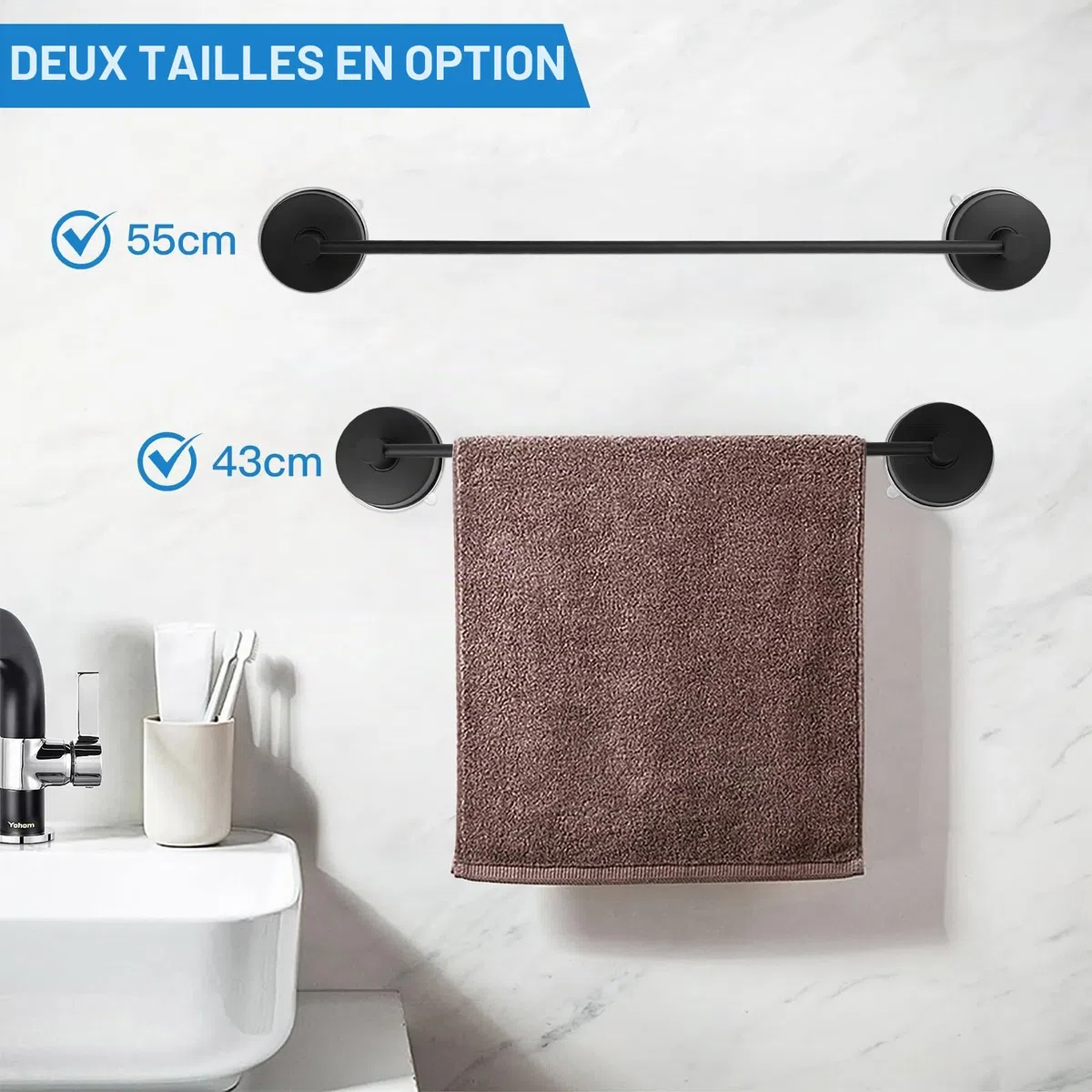 LALAGO 55cm Porte-Serviettes à Ventouse 304 Acier INOX Crochets à Ventouse sans Percer, Barre Porte-Serviettes de Salle de Bain étanche à Vide Capacité de Charge 5KG/PC Noir pour Paroi de Douche