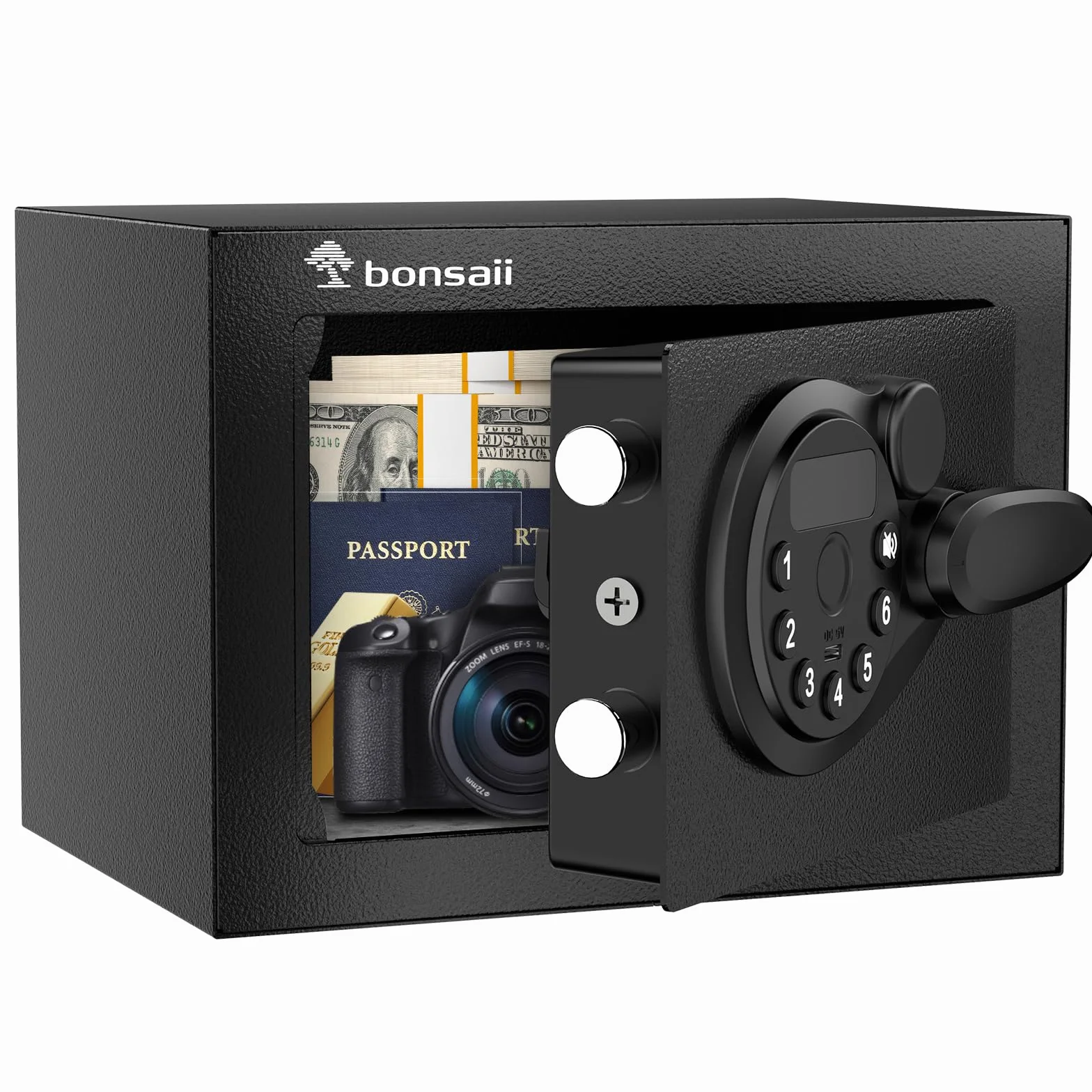 Bonsaii Coffre-fort Mini 6.6L avec Affichage LED, Clavier Numérique et Clé – Coffre de Sécurité Compact en Acier avec USB de Secours pour Bureau, Maison et Hôtel