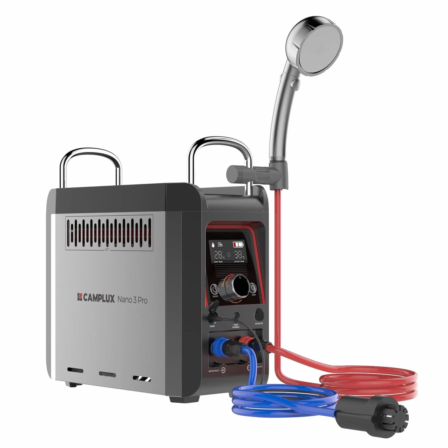 CAMPLUX Nano 3 Litres Chauffe-Eau à Gaz Portatif avec Pompe, 12V, Butane (28-30 mbar)/ Propane (37 mbar), pour Douche Camping, Nano 3 Pro