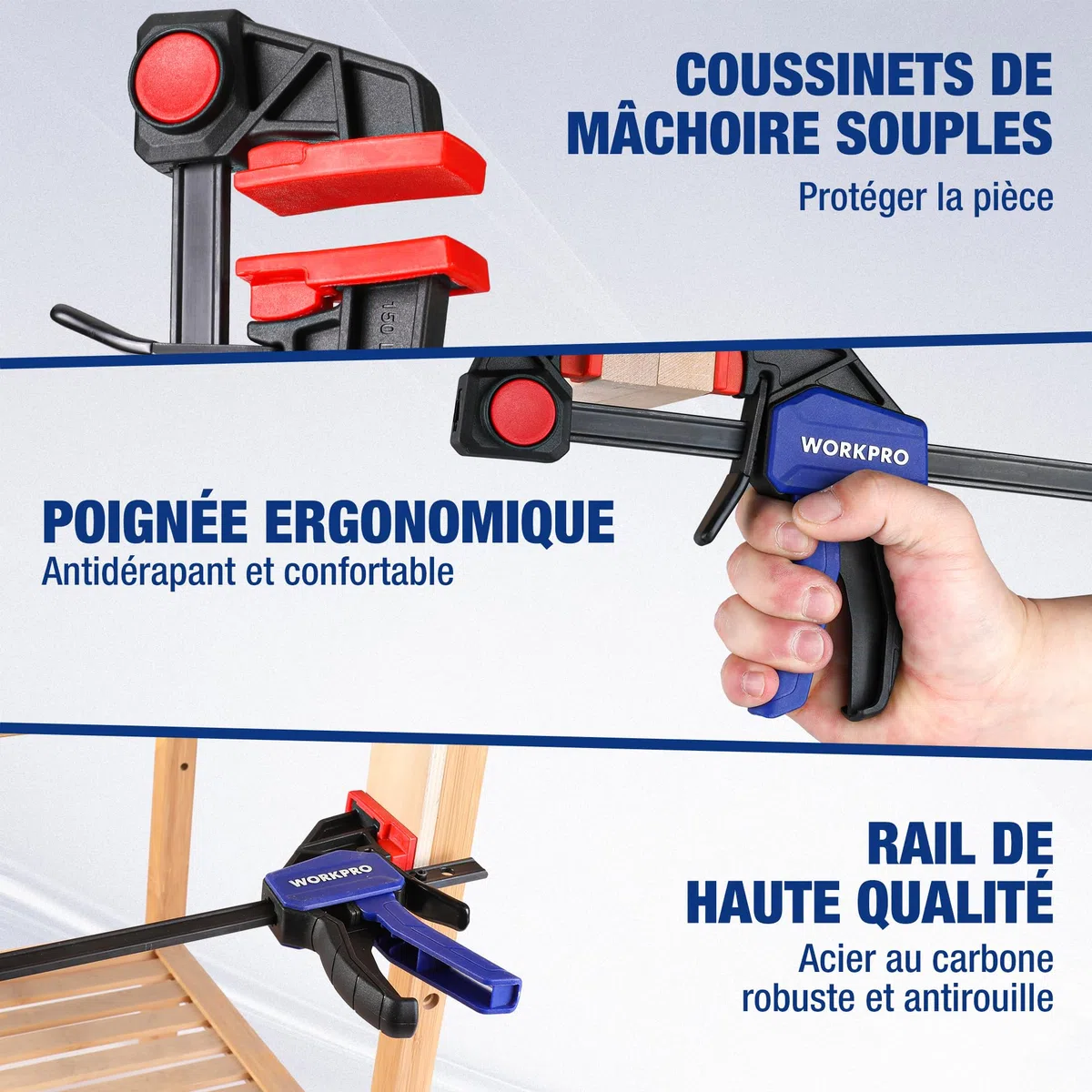 WORKPRO Lot de 6 serre-joints à une main 150 mm Force de serrage 22,5 kg/68 kg Envergure 150 mm 4 classiques et 2 mini serre-joints pour une fixation précise et le travail du bois