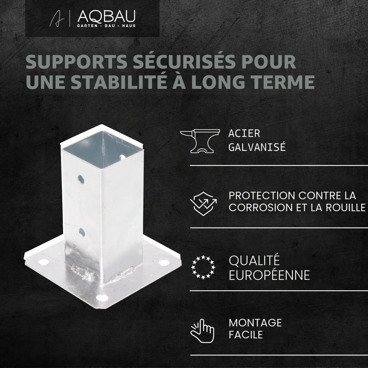 Lot de 4 supports de poteau à visser - 100 x 100 mm - Ancrage à visser - Douille de sol avec plaque de cheville - Sabots de poteau à visser - Galvanisés à chaud